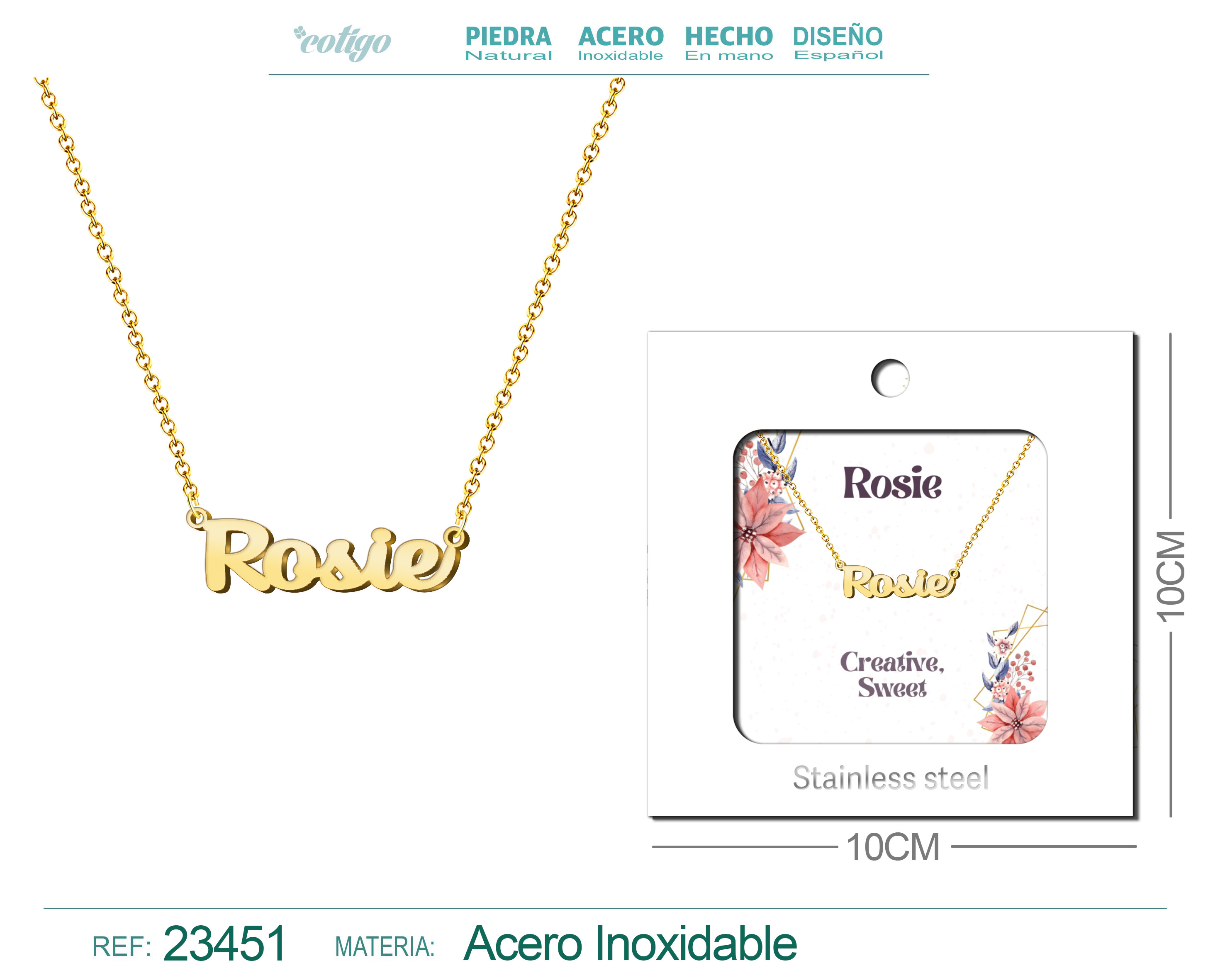 COLLAR NOMBRE INGLES ROSIE ACERO CON SOBRE