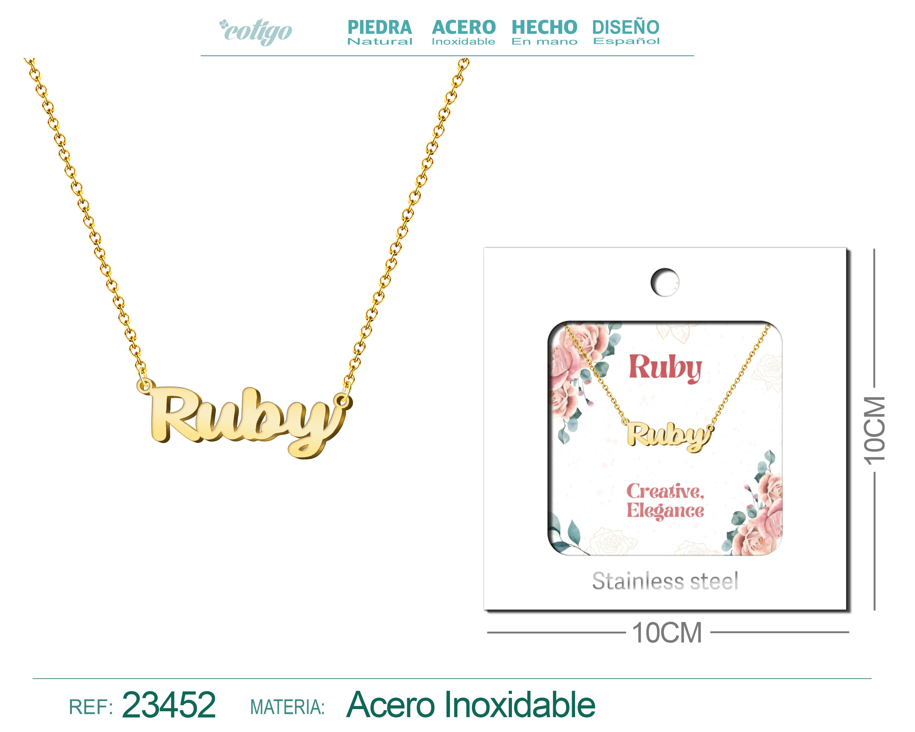 COLLAR NOMBRE INGLES RUBY ACERO CON SOBRE