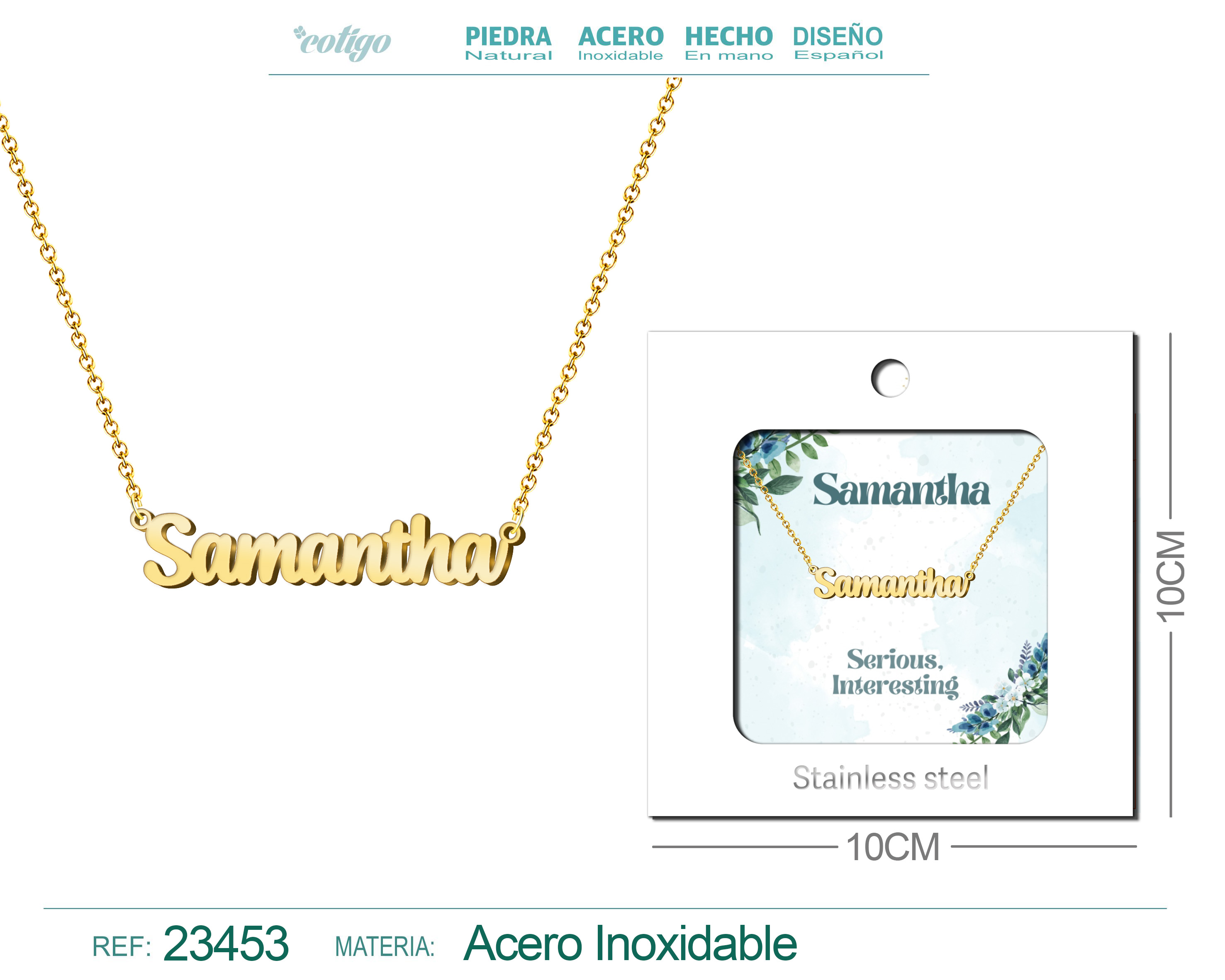 COLLAR NOMBRE INGLES SAMANTHA ACERO CON SOBRE