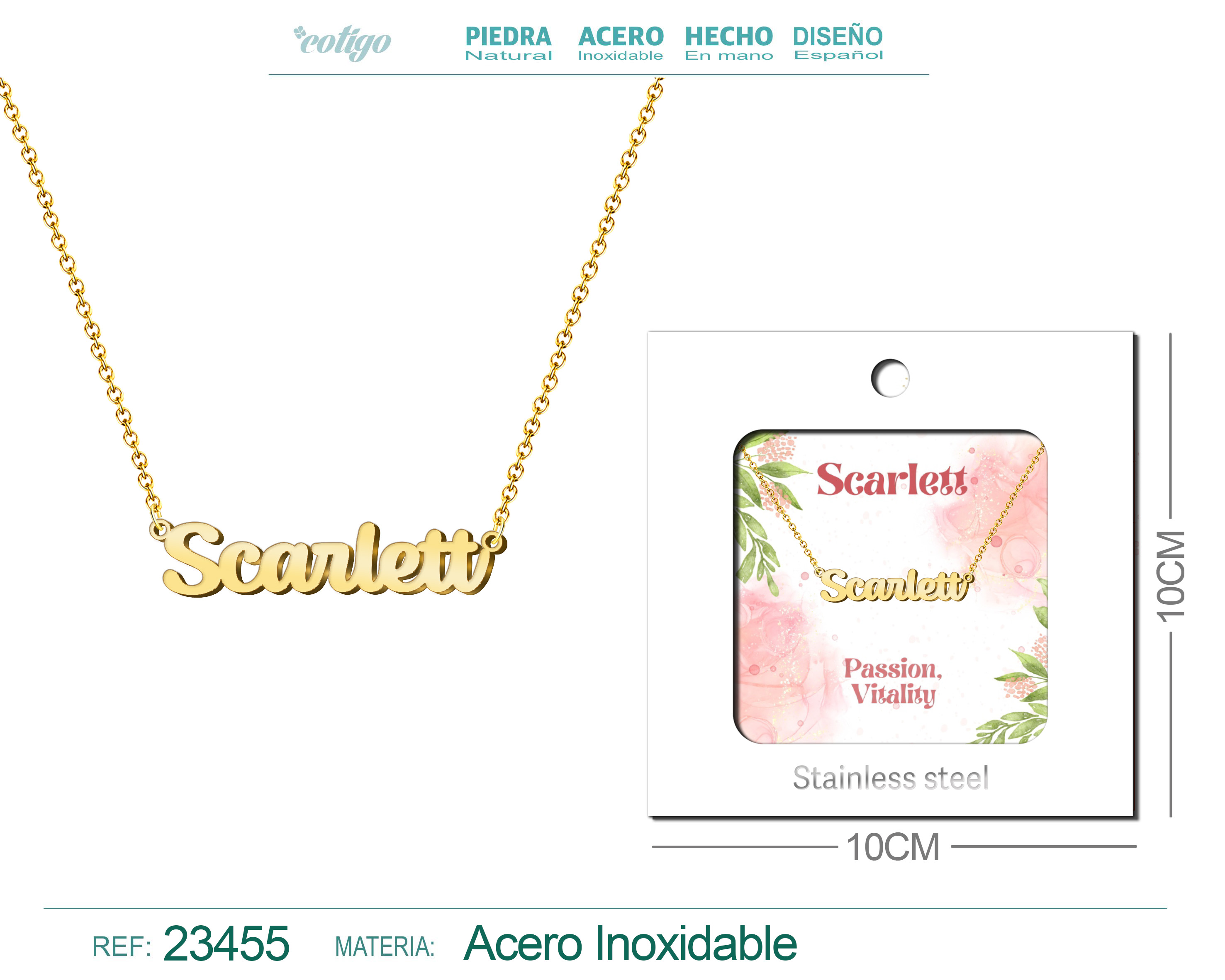 COLLAR NOMBRE INGLES SCARLETT ACERO CON SOBRE
