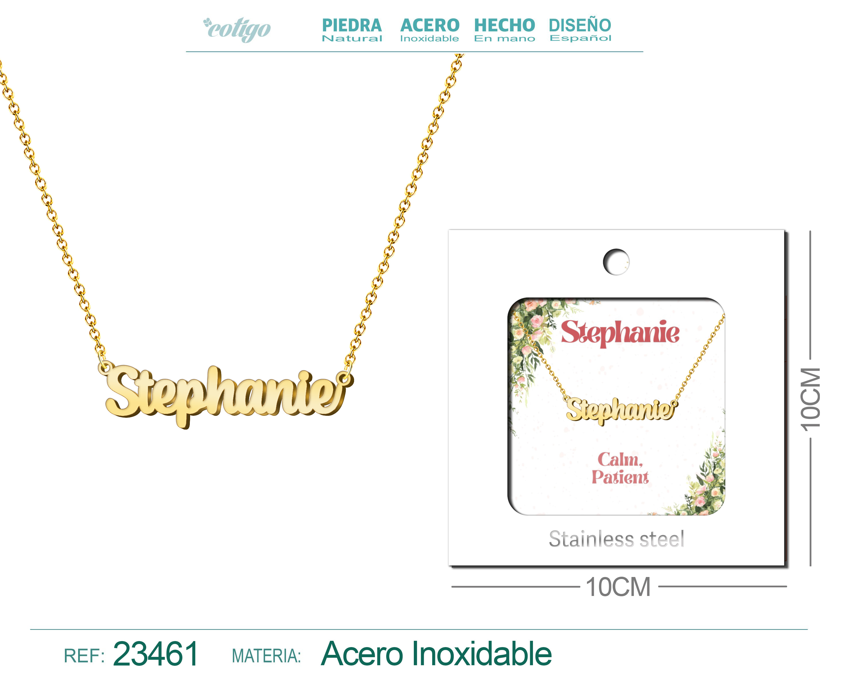 COLLAR NOMBRE INGLES STEPHANIE ACERO CON SOBRE