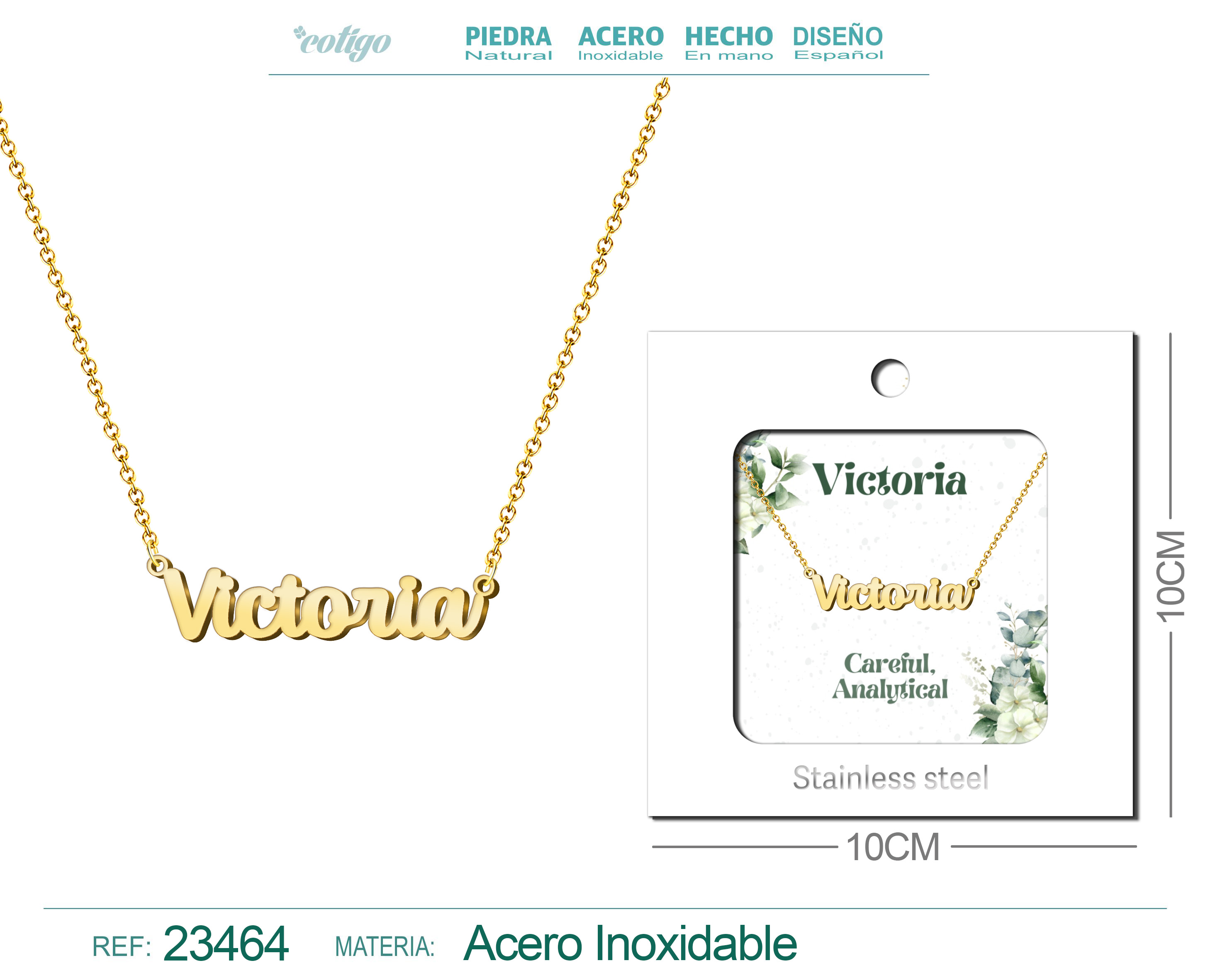 COLLAR NOMBRE INGLES VICTORIA ACERO CON SOBRE