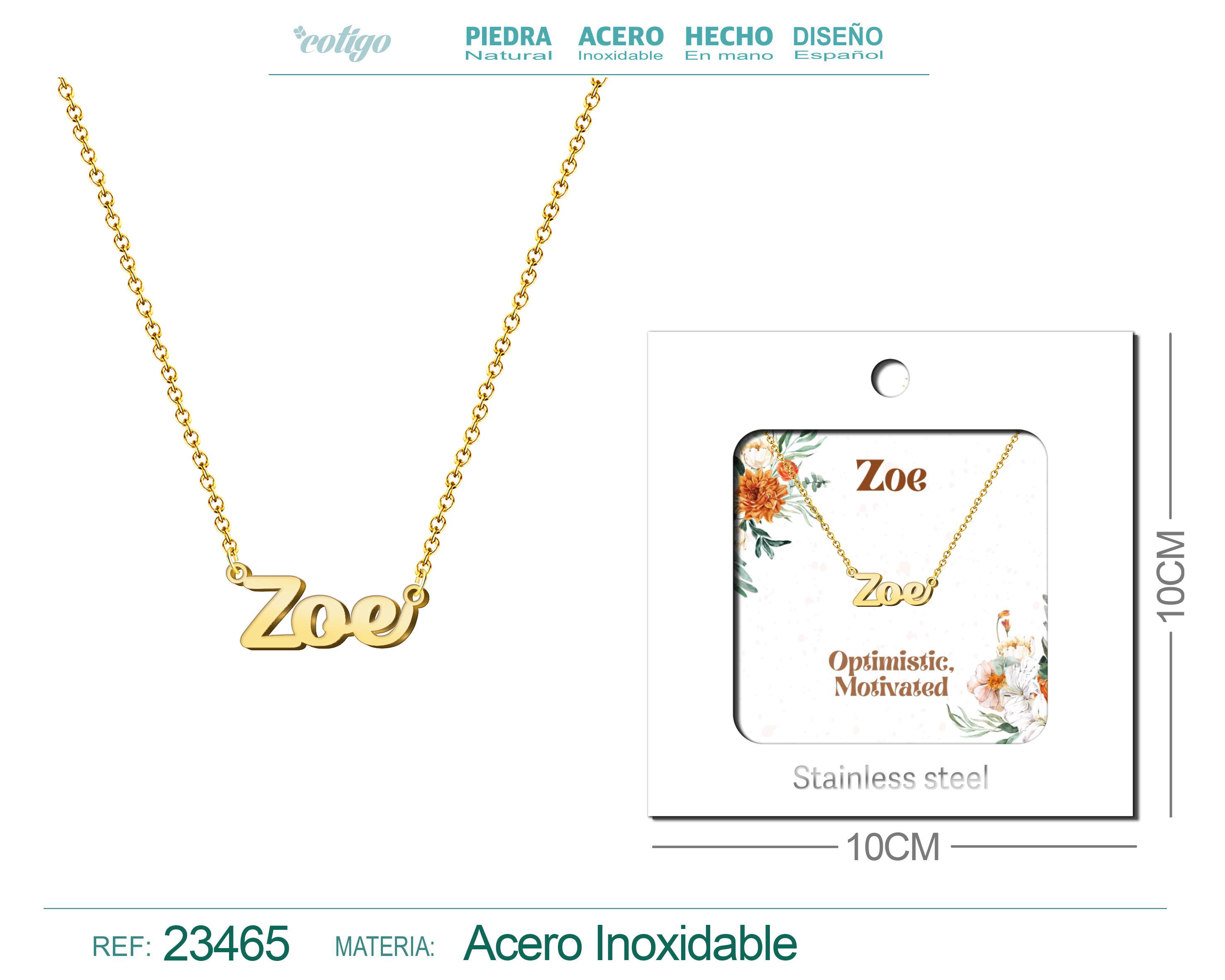 COLLAR NOMBRE INGLES ZOE ACERO CON SOBRE