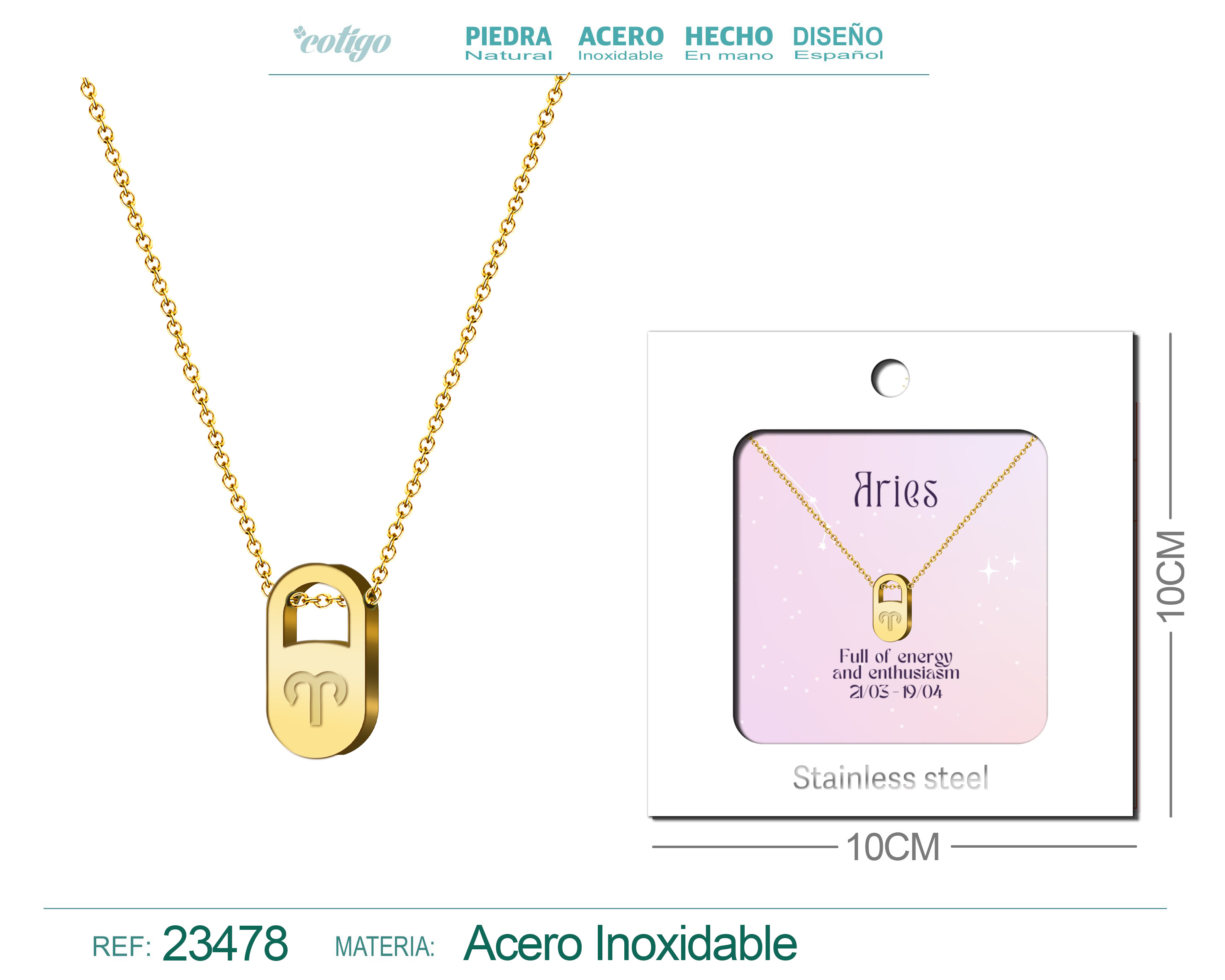 COLLAR ZODIACO INGLES ARIES ACERO CON SOBRE