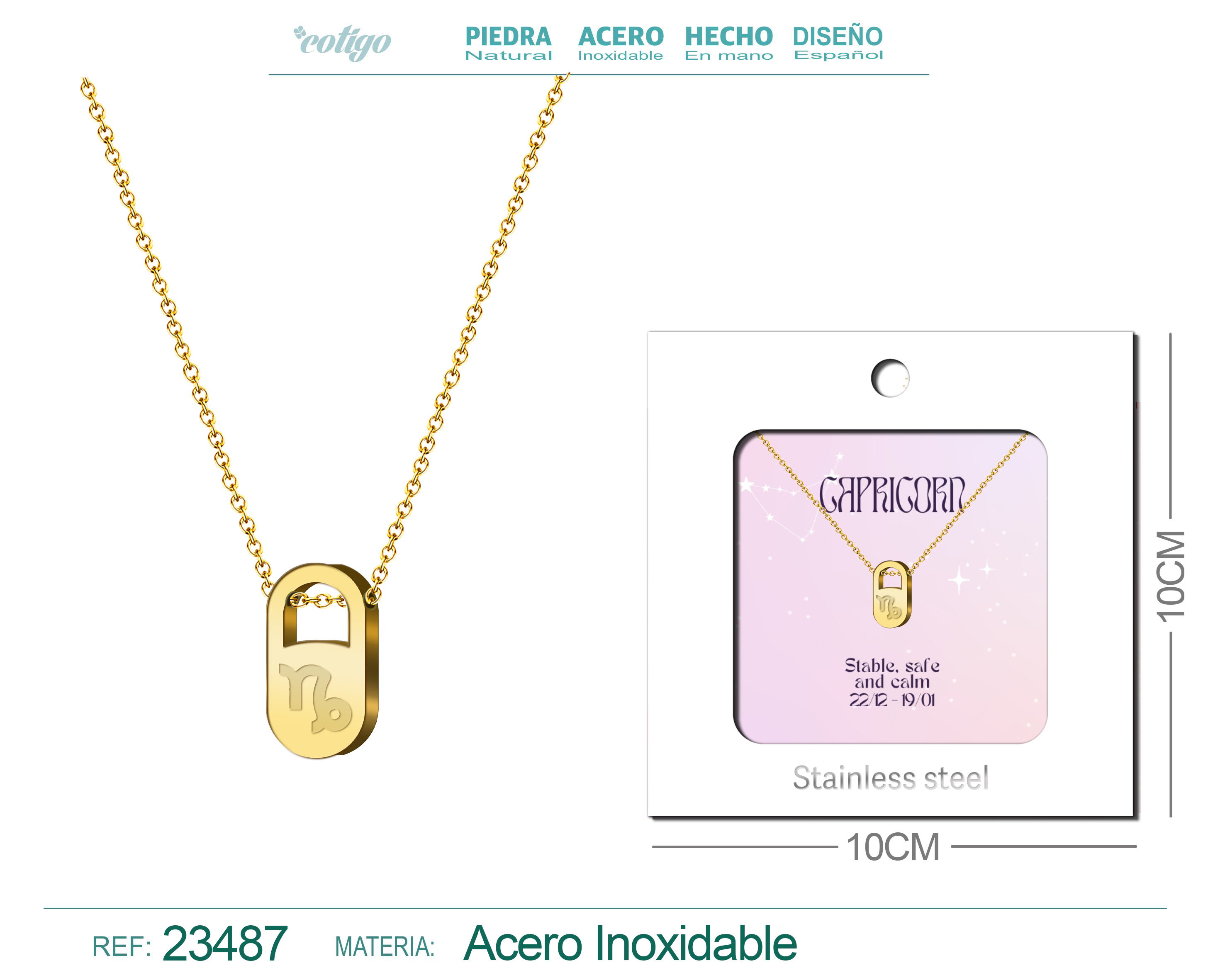 COLLAR ZODIACO INGLES CAPRICORN ACERO CON SOBRE