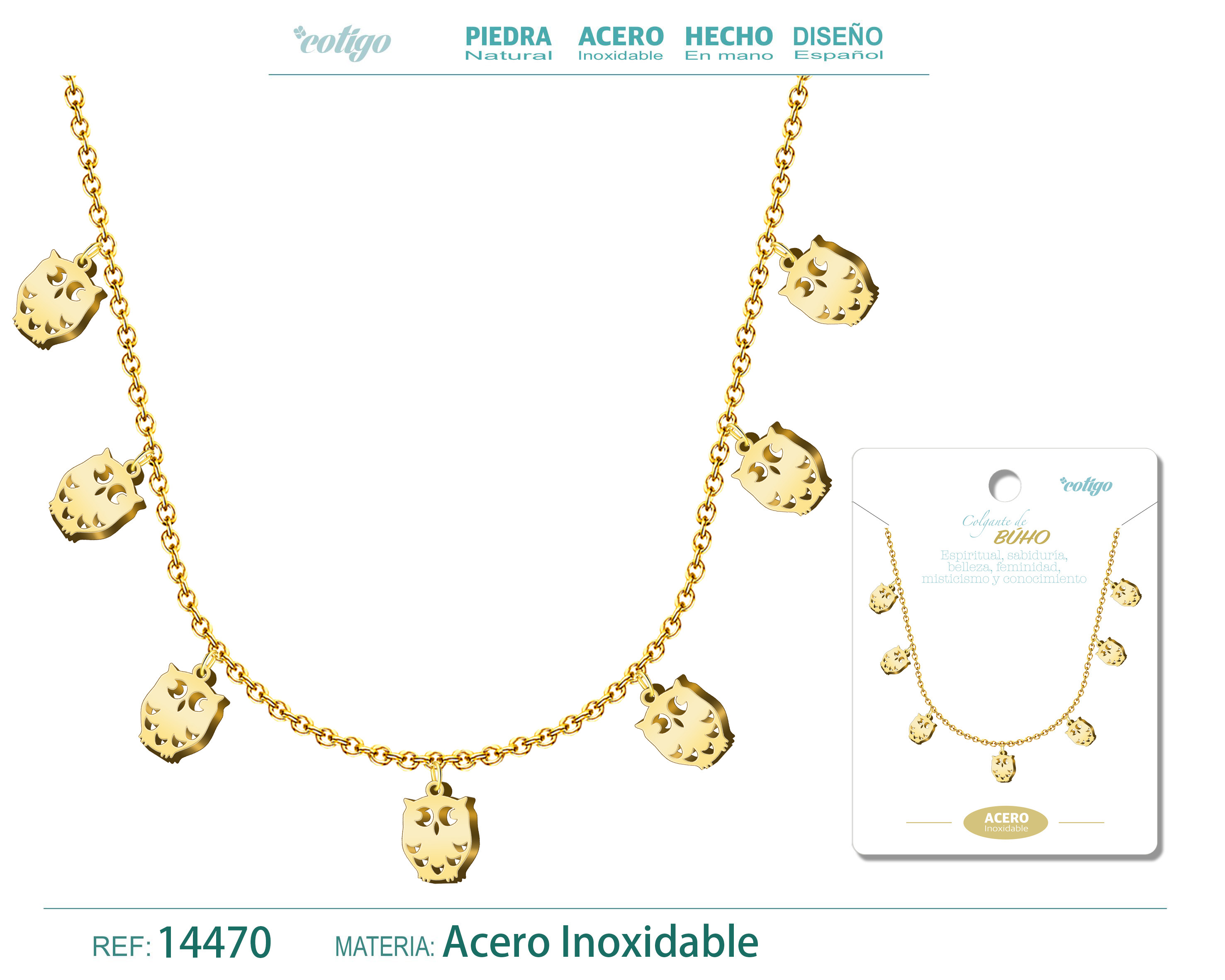 COLLAR CON 7 COLGANTE DE BUHO COLOR DORADO