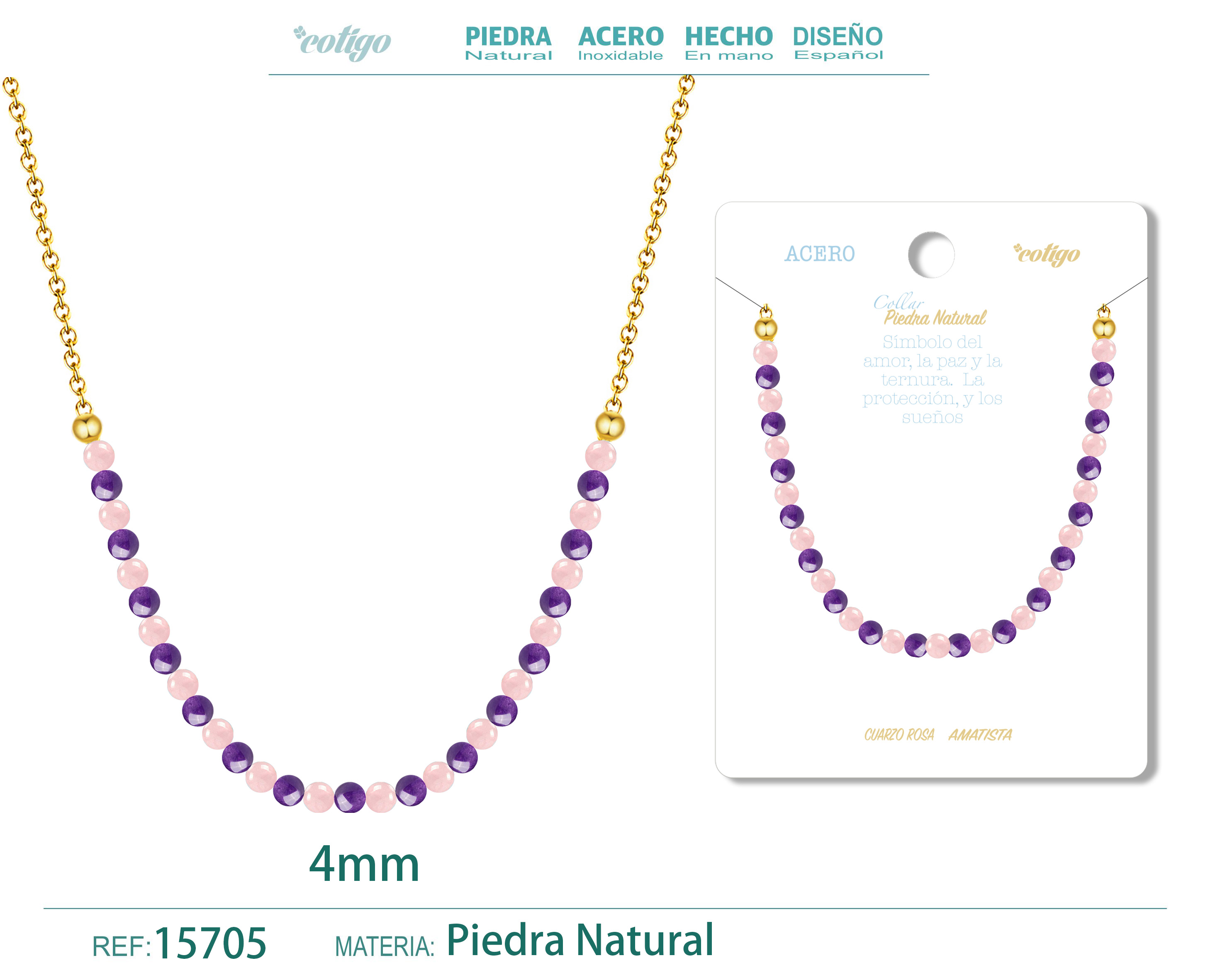 COLLAR CUARZO ROSA，AMATISTA 4MM