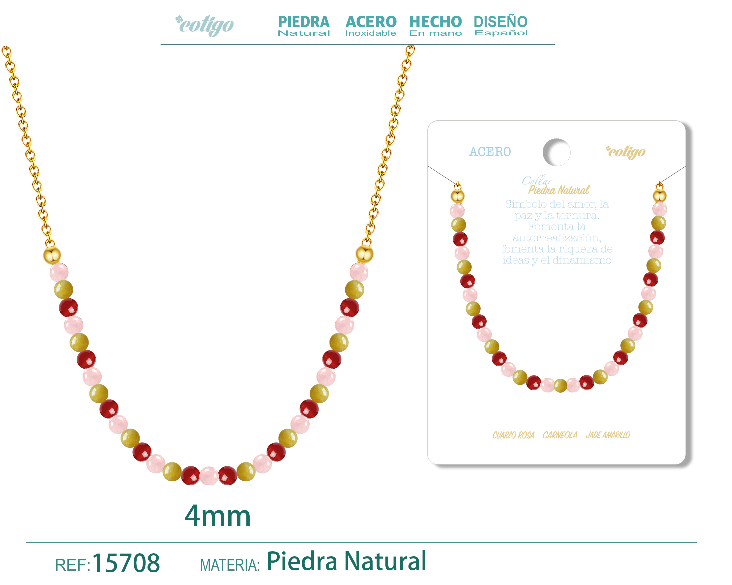 COLLAR CARNEOLA，JADE AMARILLO，CUARZO ROSA 4MM