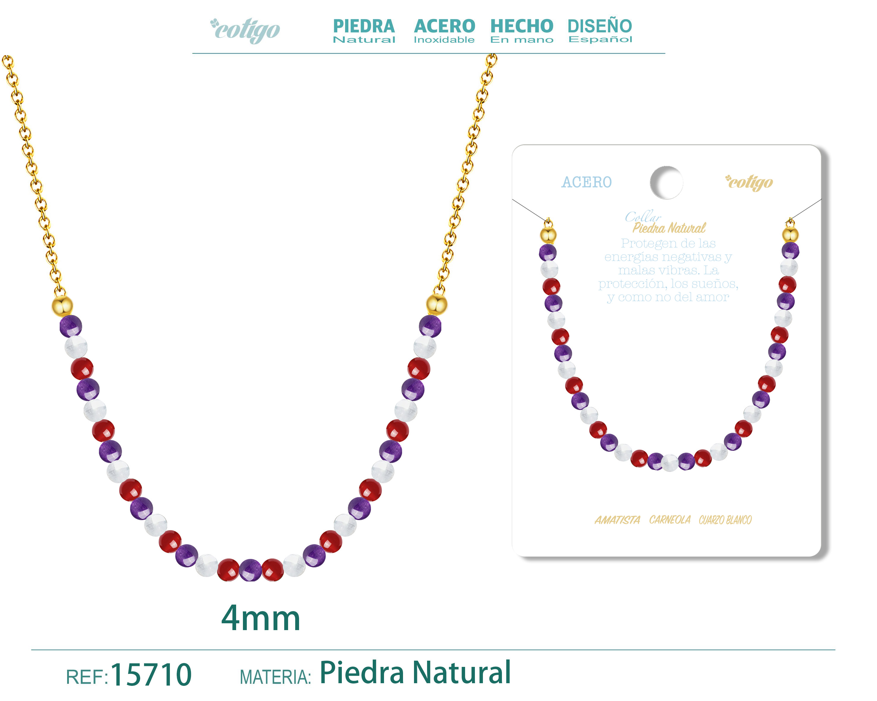 COLLAR CARNEOLA，AMATISTA，CUARZO BLANCO 4MM