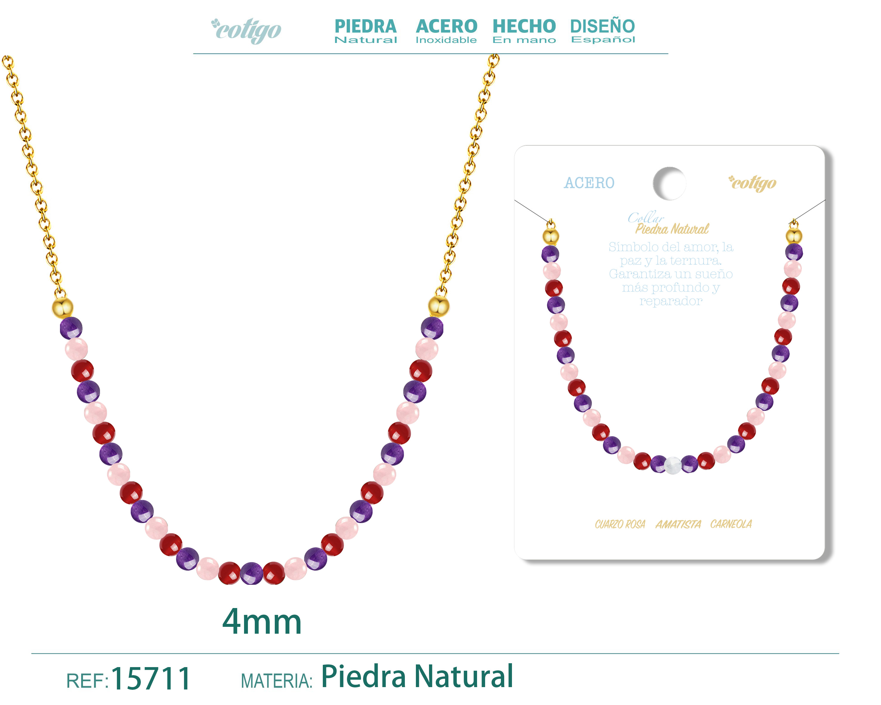 COLLAR CARNEOLA，AMATISTA，CUARZO ROSA 4MM