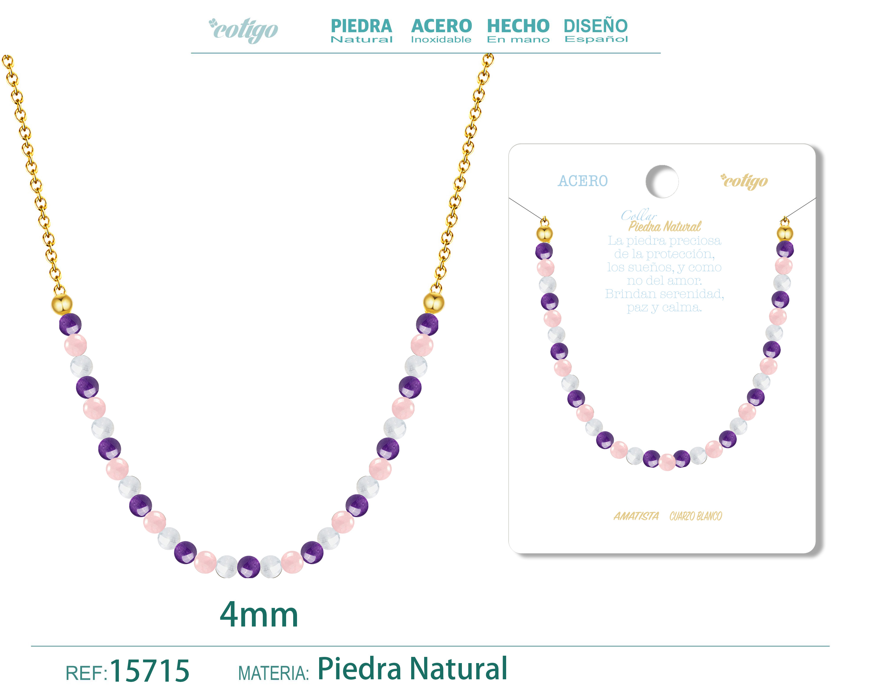 COLLAR CUARZO ROSA，AMATISTA，CUARZO BLANCO 4MM