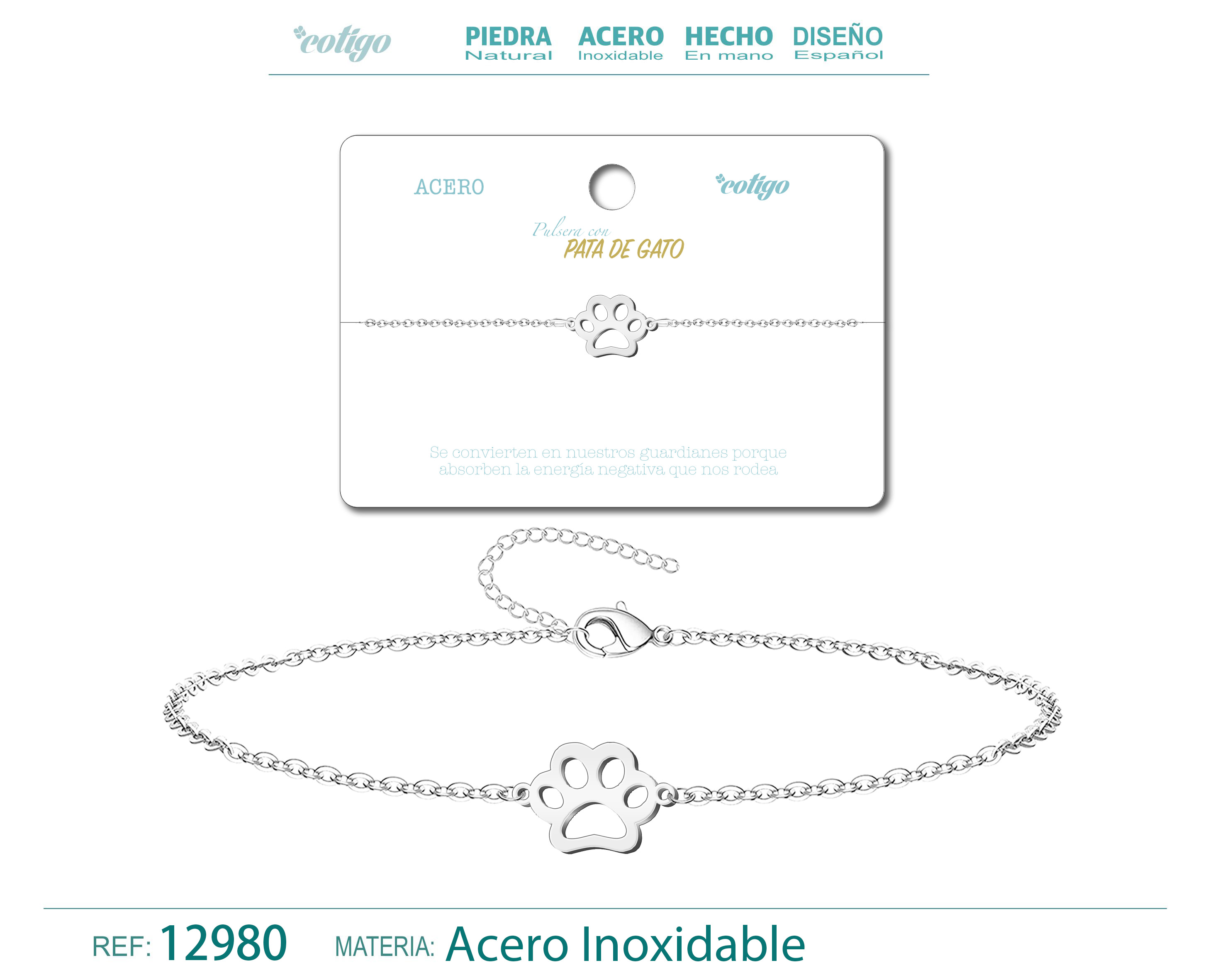PULSERA PATA DE GATO  ACERO PLATEADO