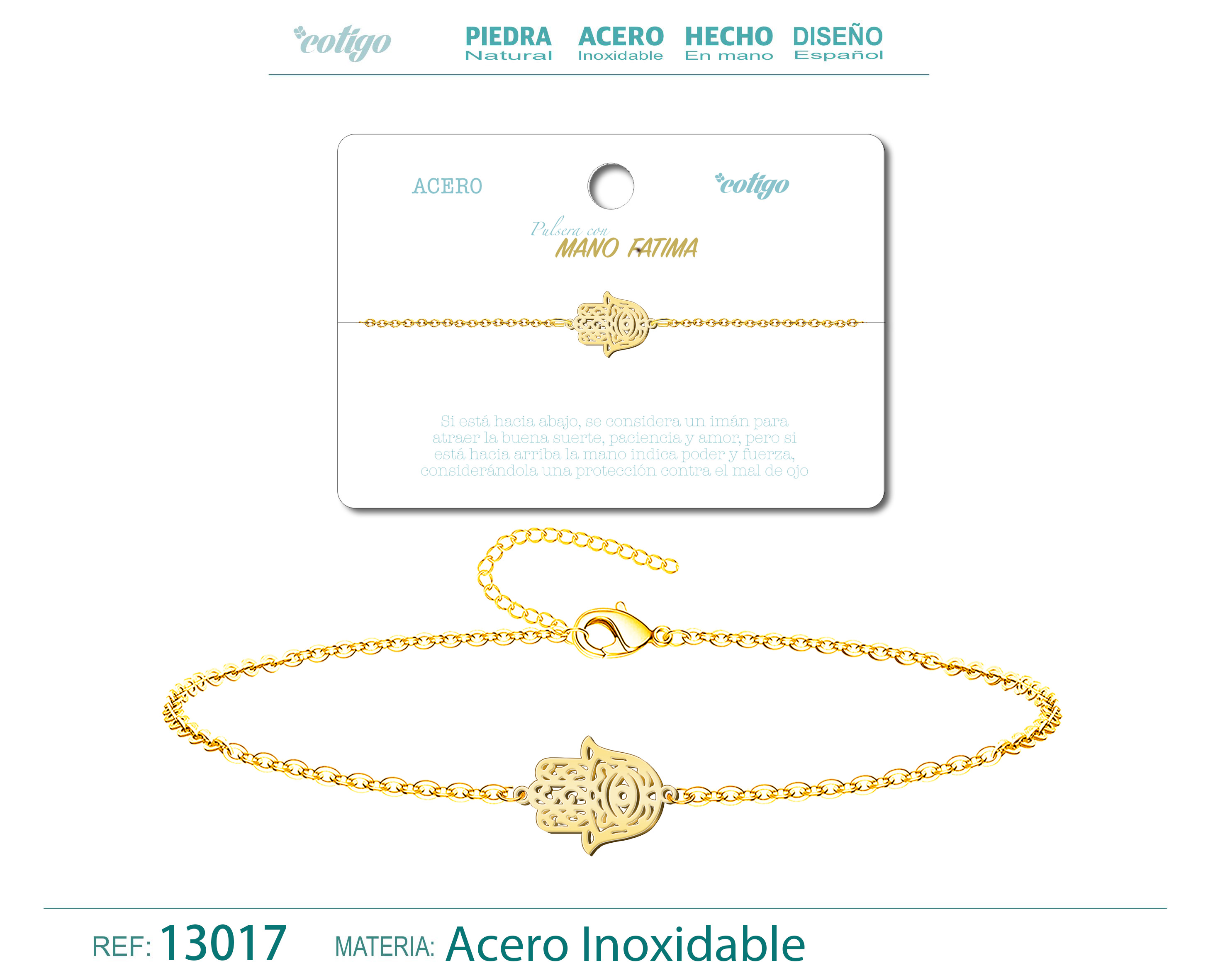 PULSERA MANO FATIMAACERO DORADO