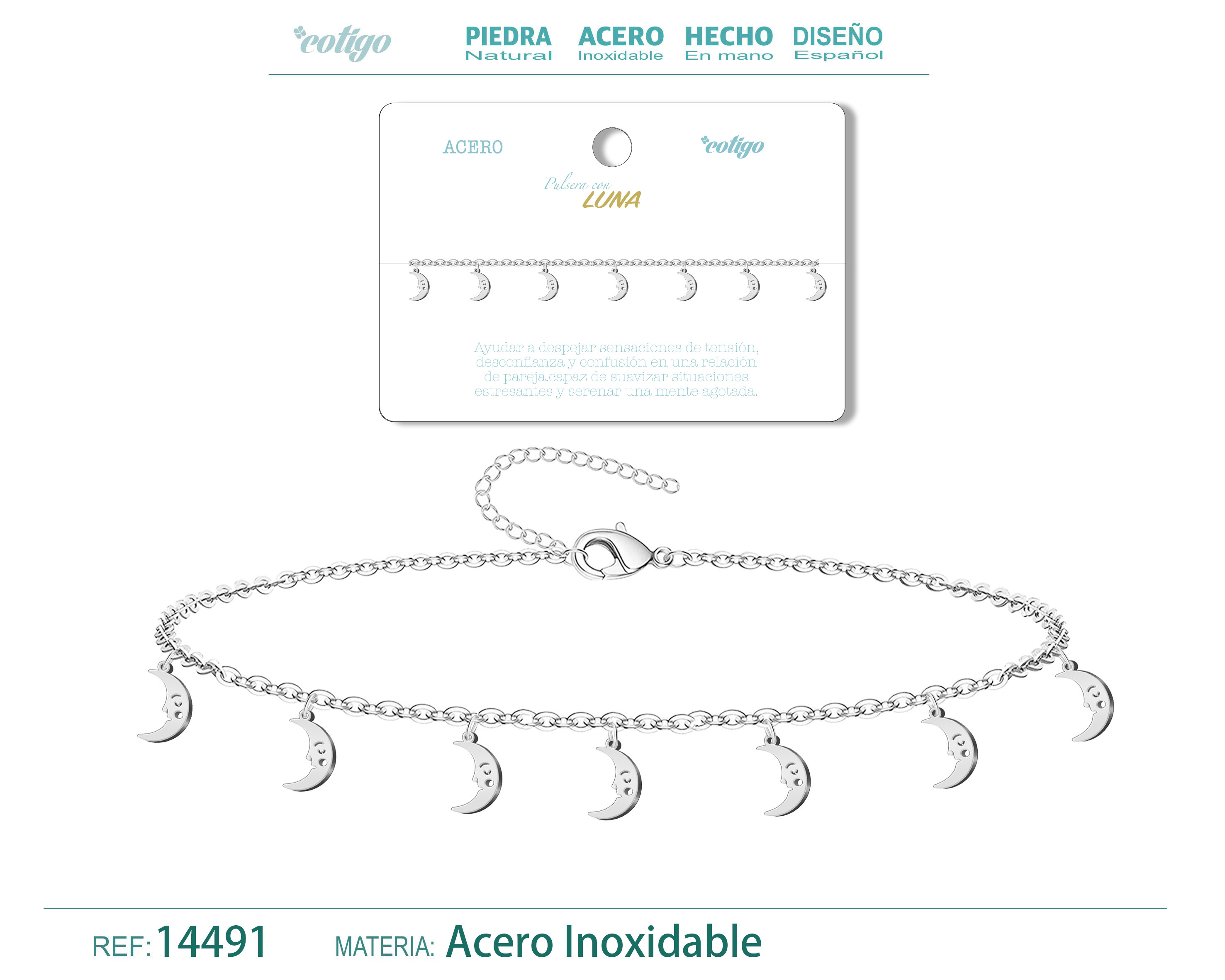 PULSERA CON 7 COLGANTE DE LUNA COLOR PLATEADO