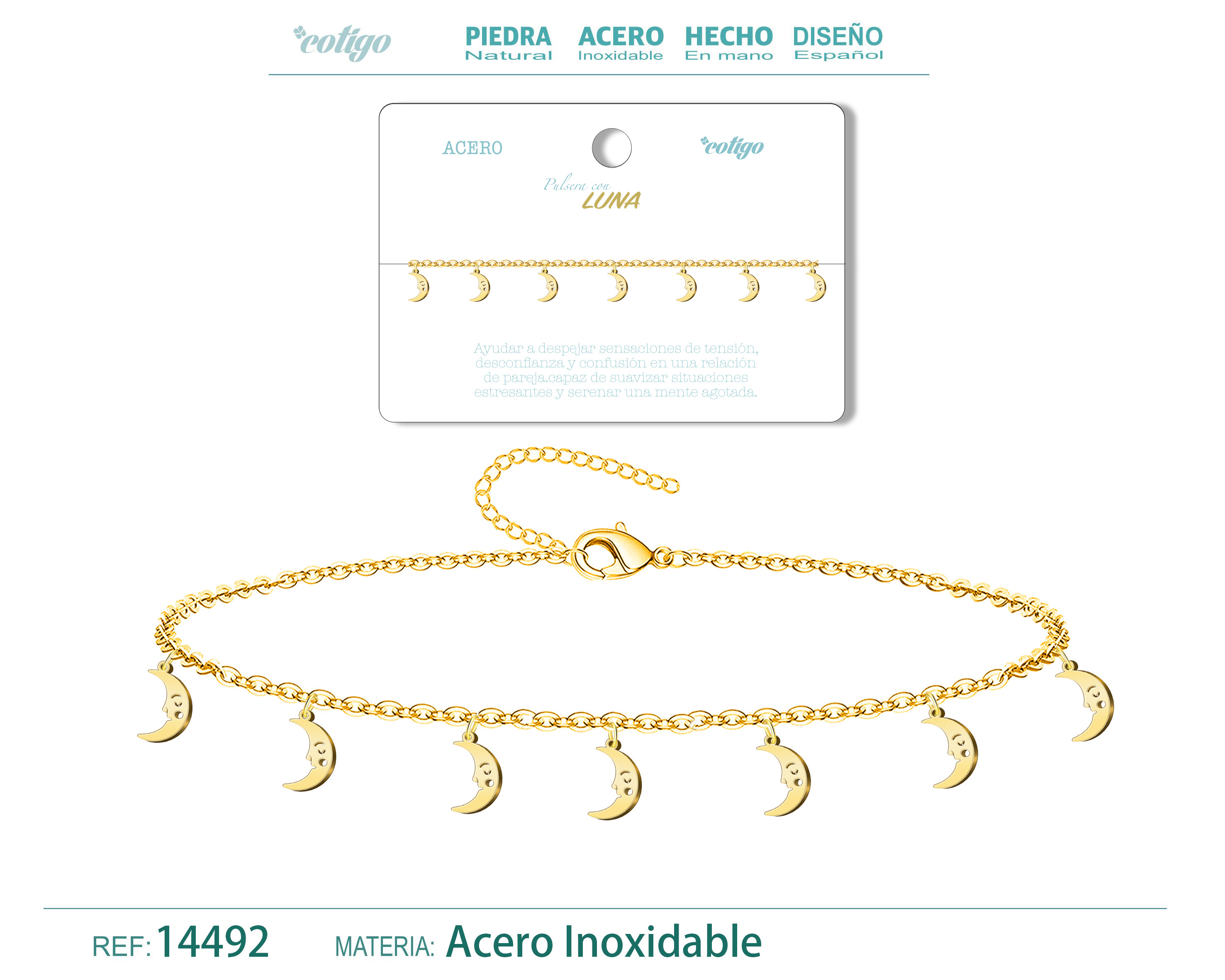 PULSERA CON 7 COLGANTE DE LUNA COLOR DORADO