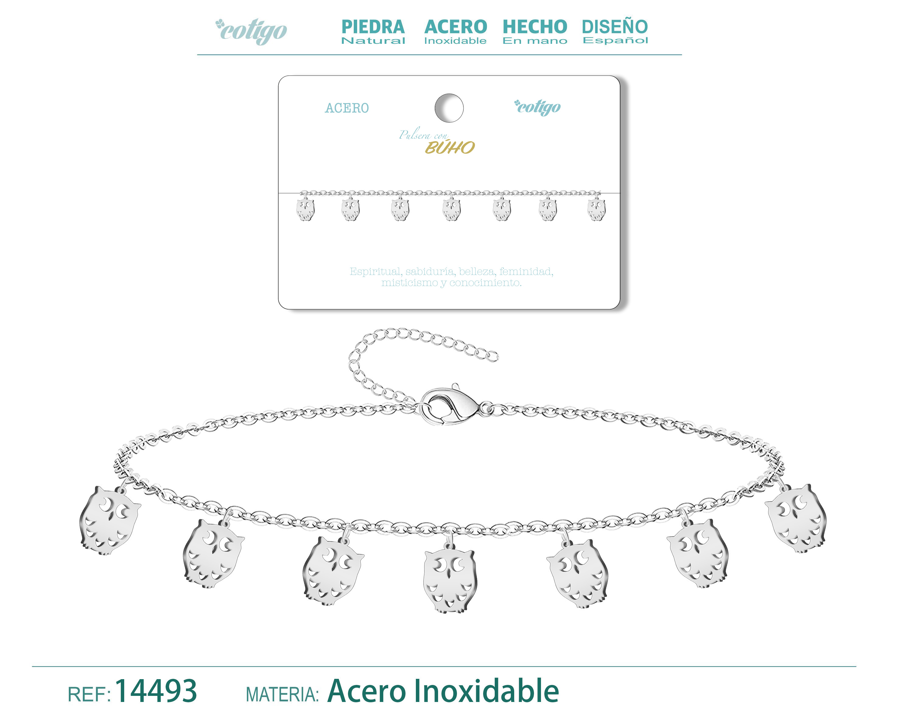 PULSERA CON 7 COLGANTE DE BUHO COLOR PLATEADO