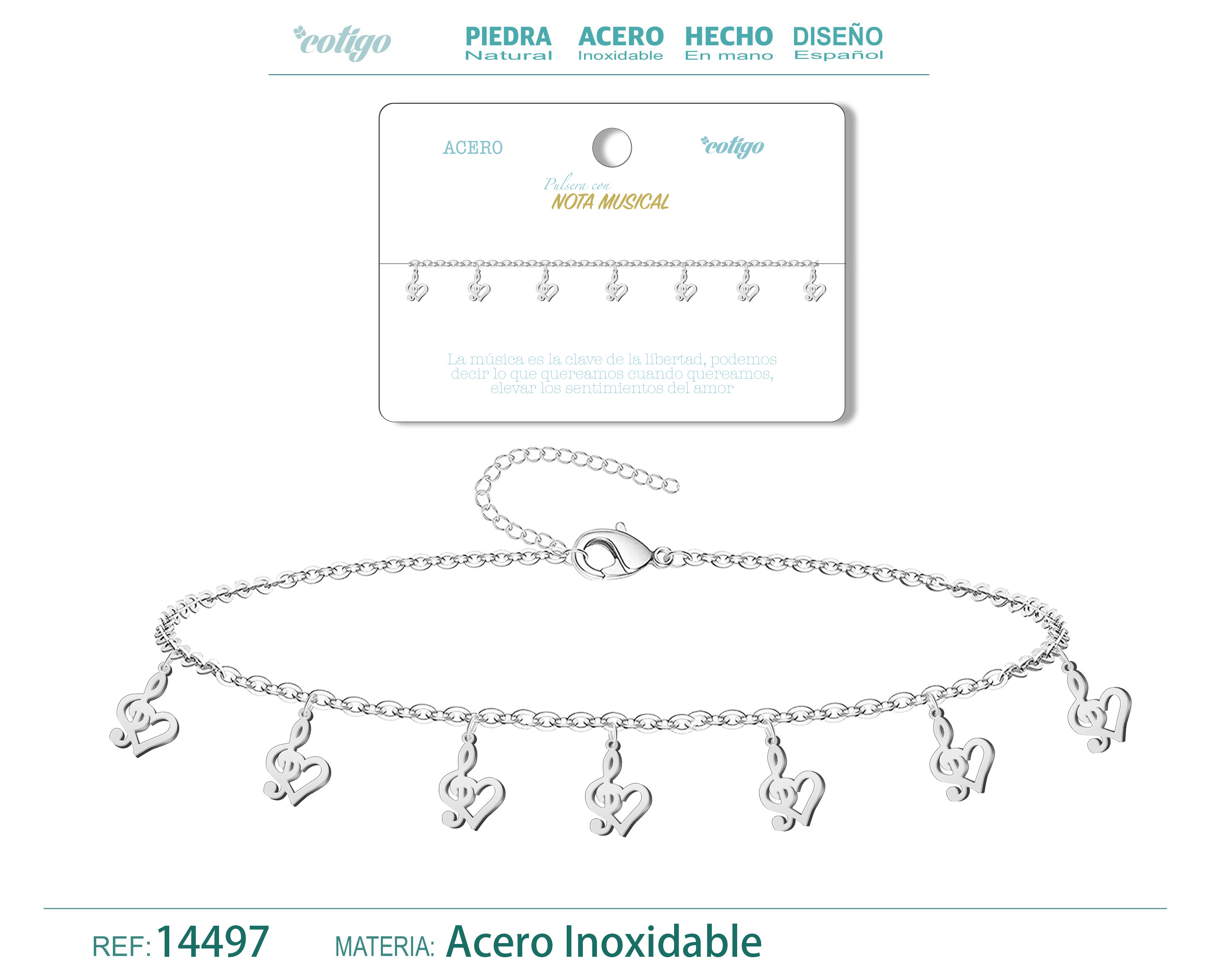 PULSERA CON 7 COLGANTE DE NOTA MUSICA COLOR PLATEADO