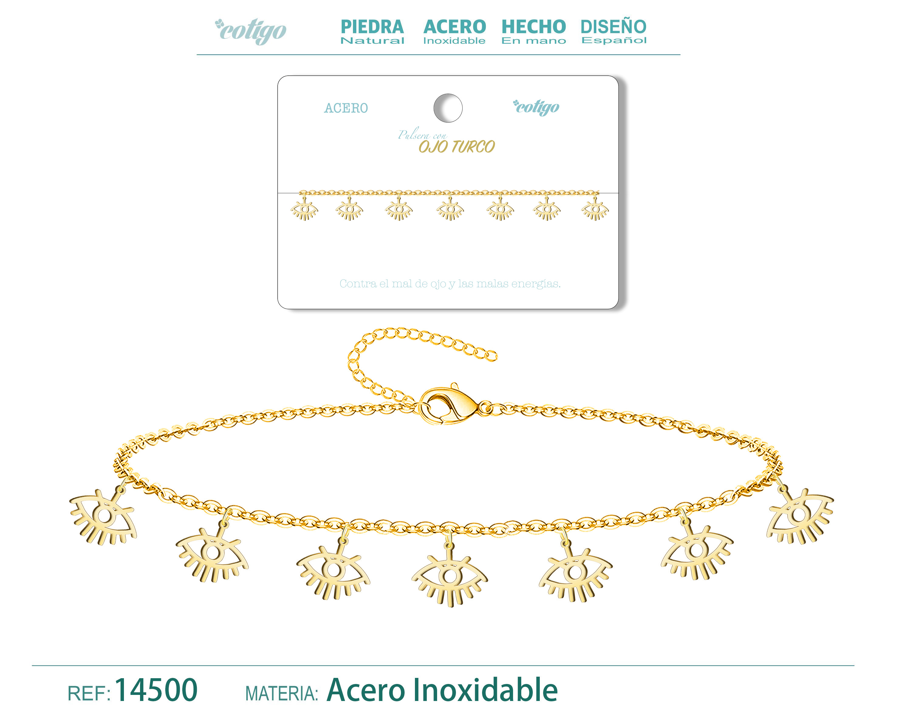 PULSERA CON 7 COLGANTE DE OJO TURCO COLOR DORADO