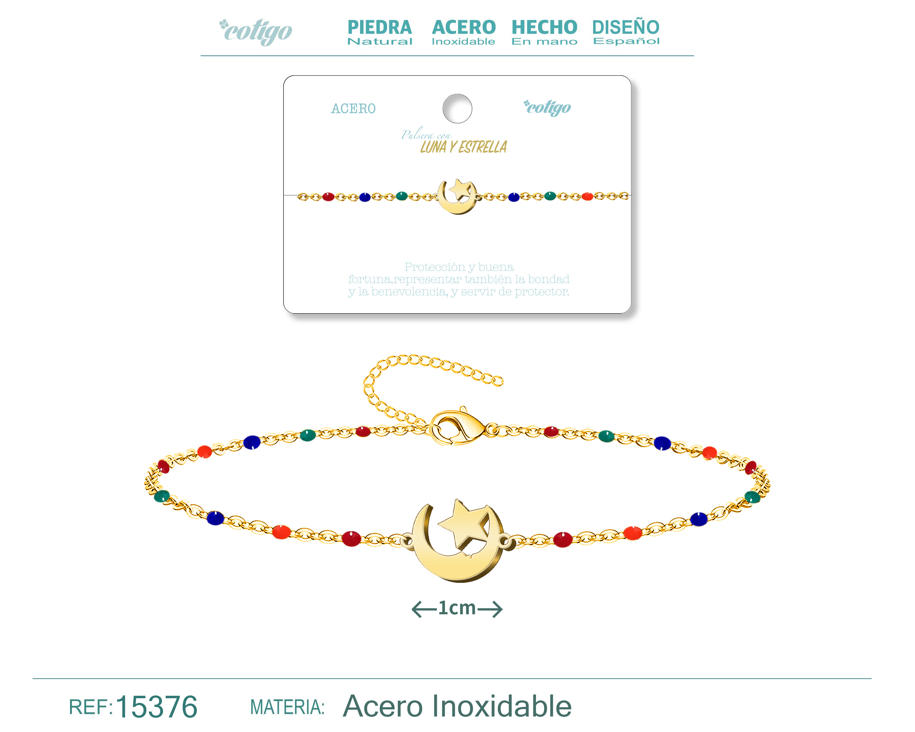 PULSERA ACERO MULTICOLOR CON LUNA Y ESTRELLA