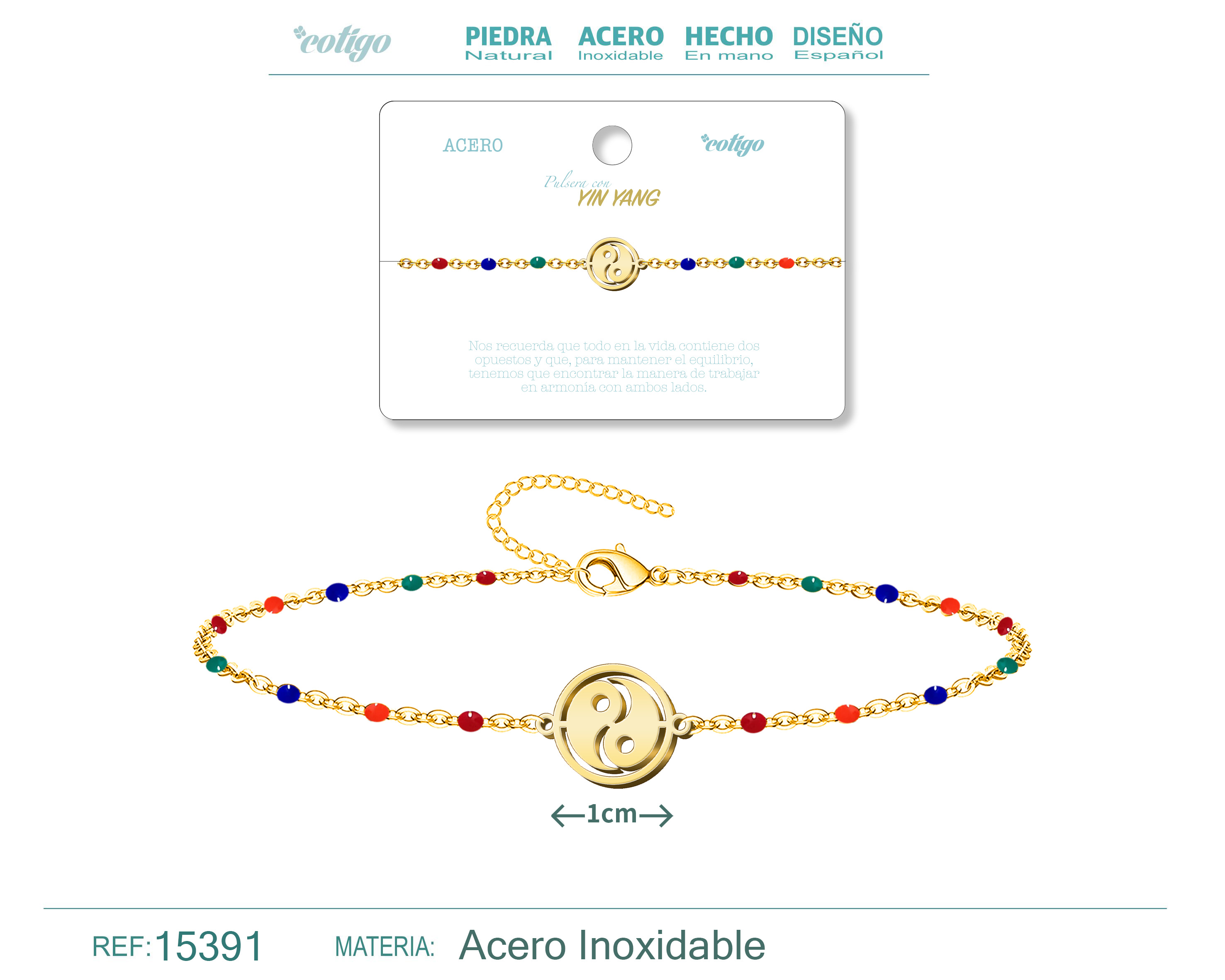PULSERA ACERO MULTICOLOR CON YINYANG