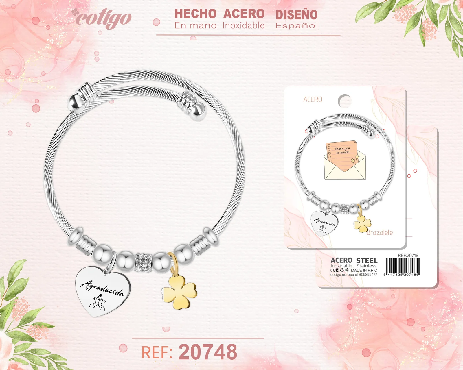BRAZALETE ACERO CON PALABRA: AGRADECIDA