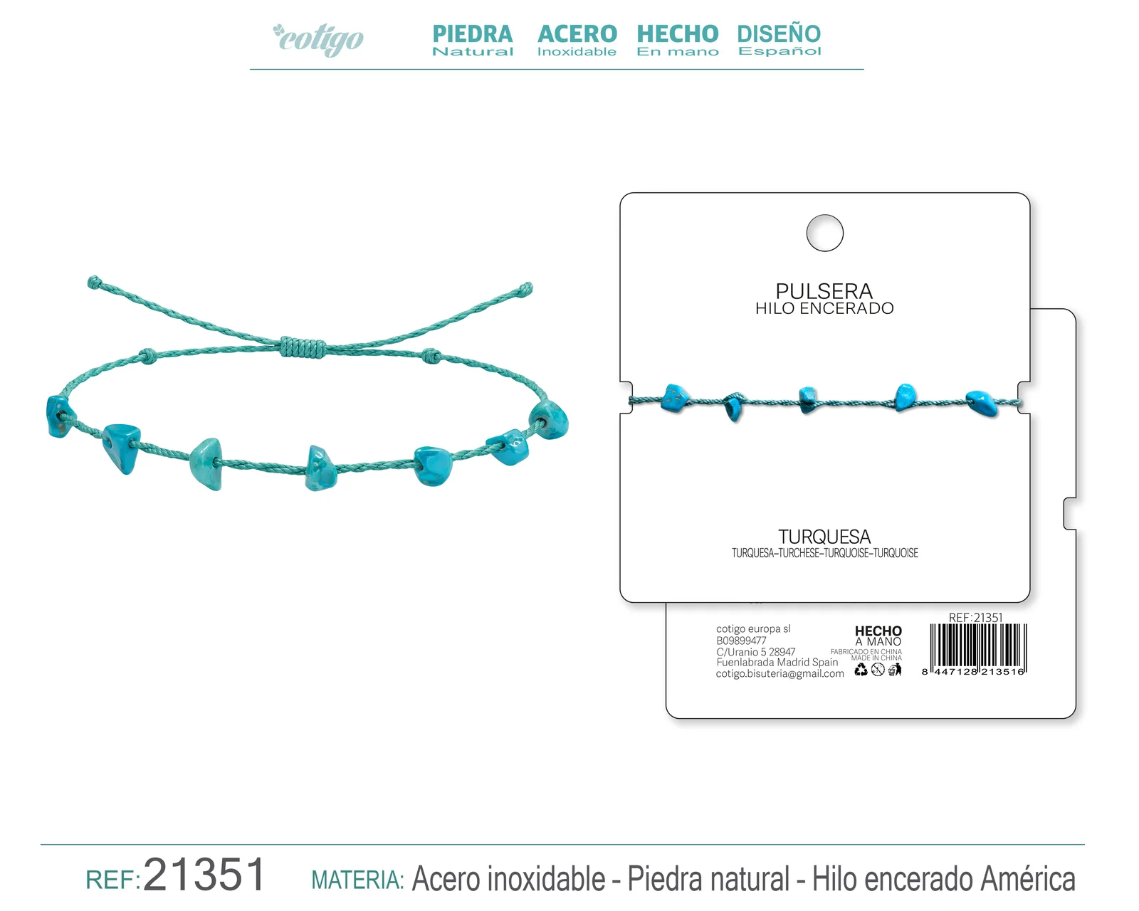 PULSERA HILO ENCERADO CON TURQUESA