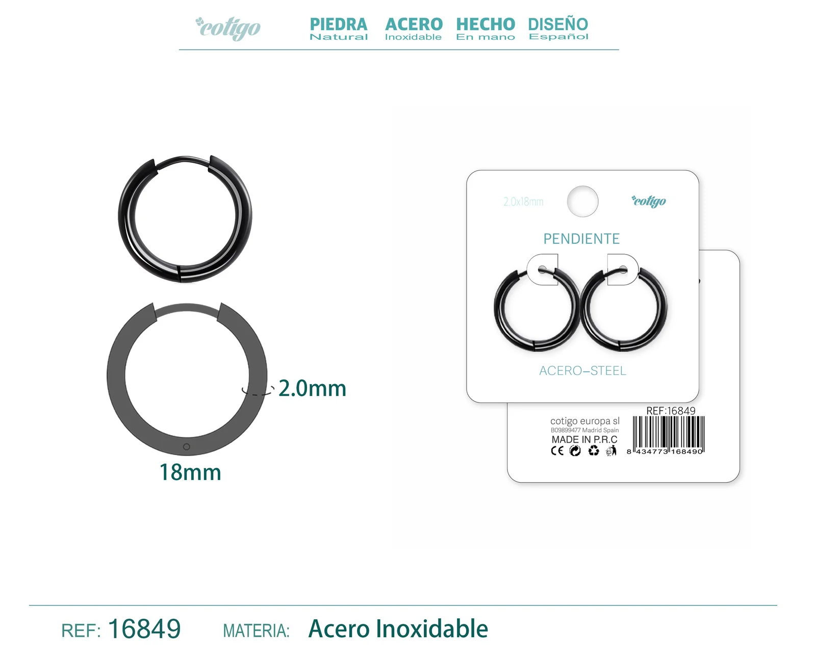 PENDIENTE ARO ACERO 2.0X18 MM NEGRO