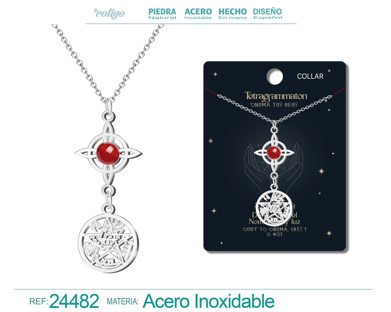 COLLAR TETRAGRÁMATON CON NUDO DE BRUJA ACERO INOXIDABLE Y PIEDRA CARNEOLA