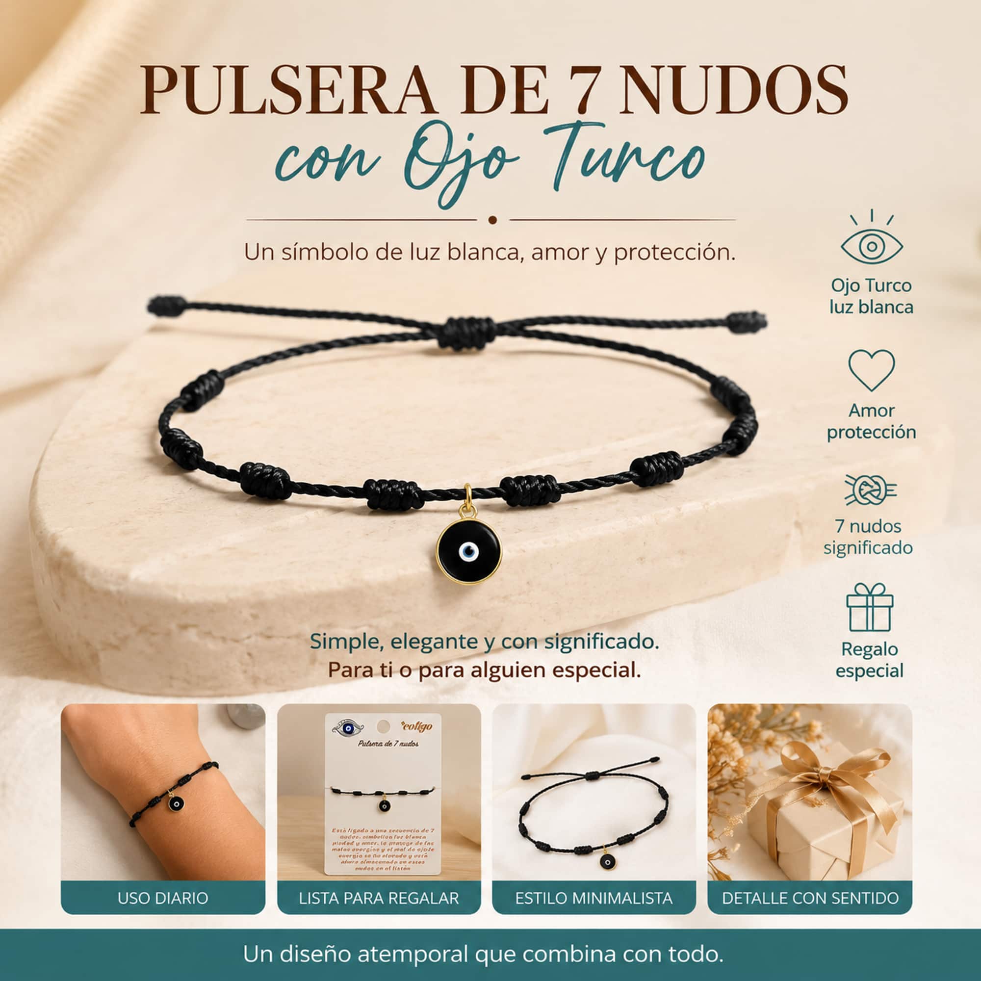 PULSERA 7 NUDOS COLOR NEGRO CON OJO TURCO