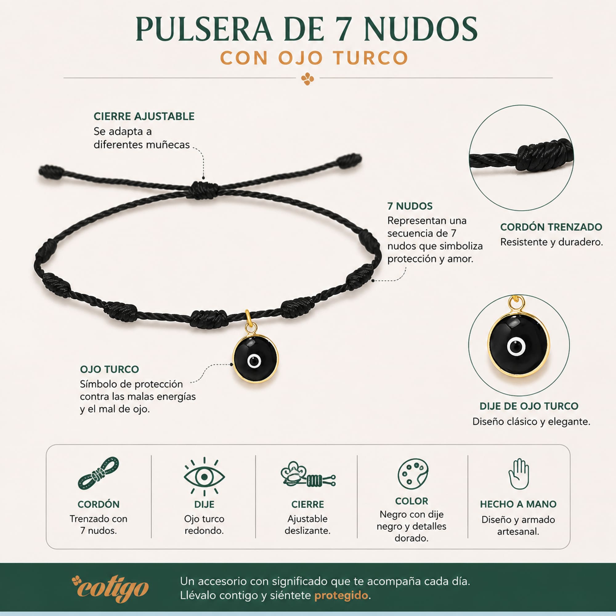 PULSERA 7 NUDOS COLOR NEGRO CON OJO TURCO