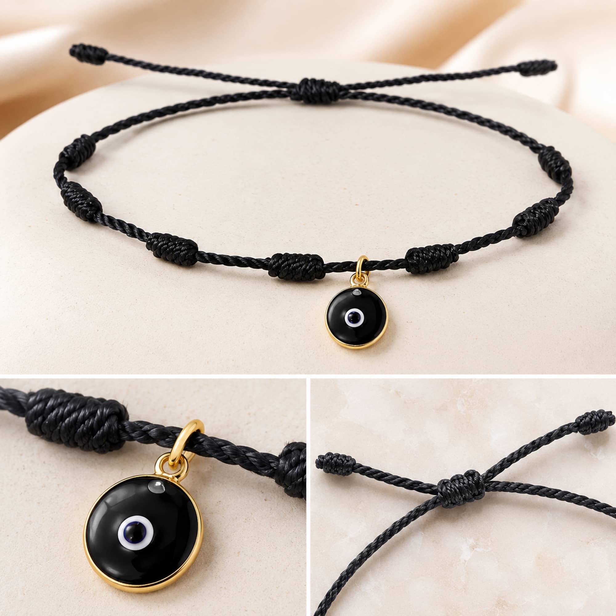 PULSERA 7 NUDOS COLOR NEGRO CON OJO TURCO