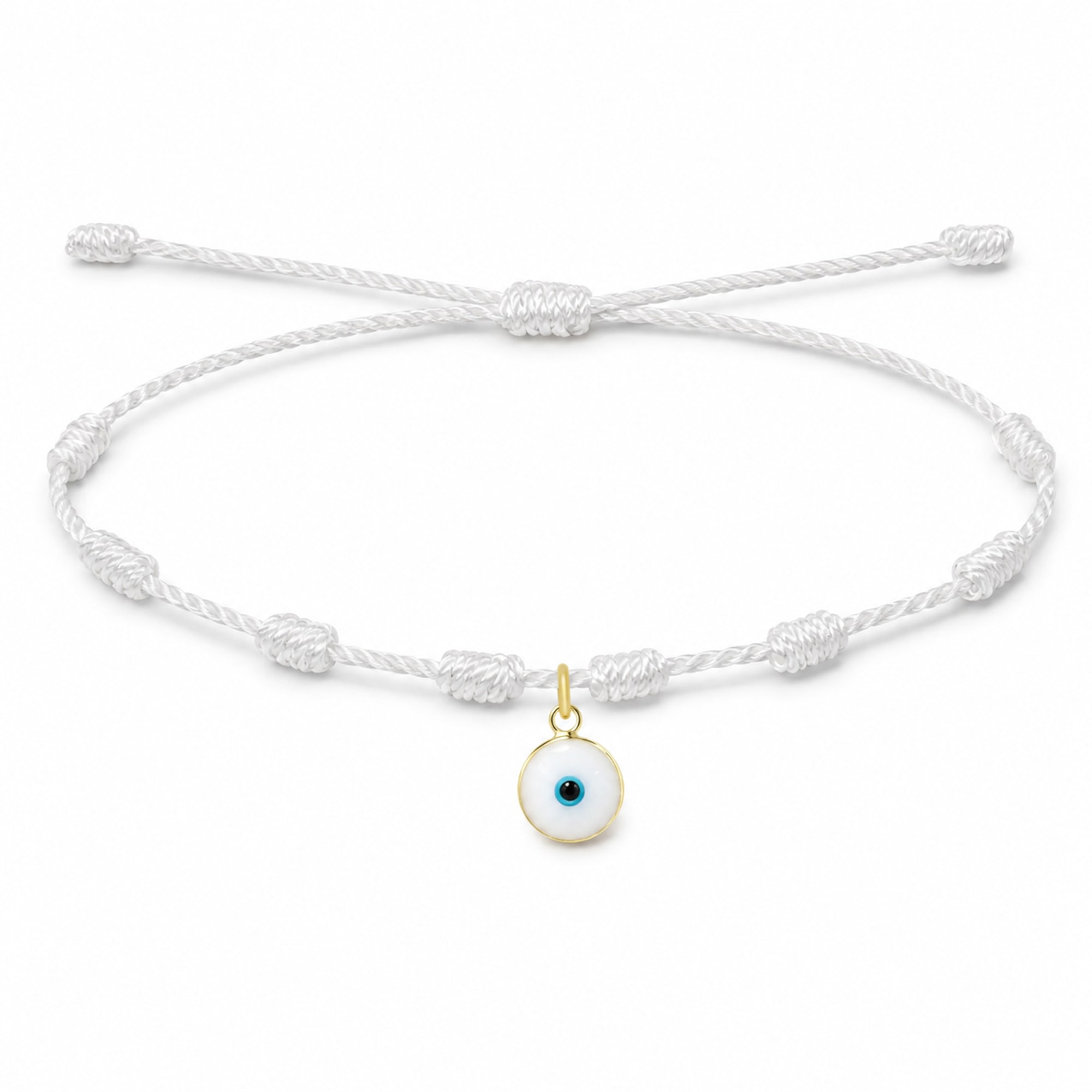 PULSERA 7 NUDOS BLANCO CON COLGANTE DE OJO TURCO