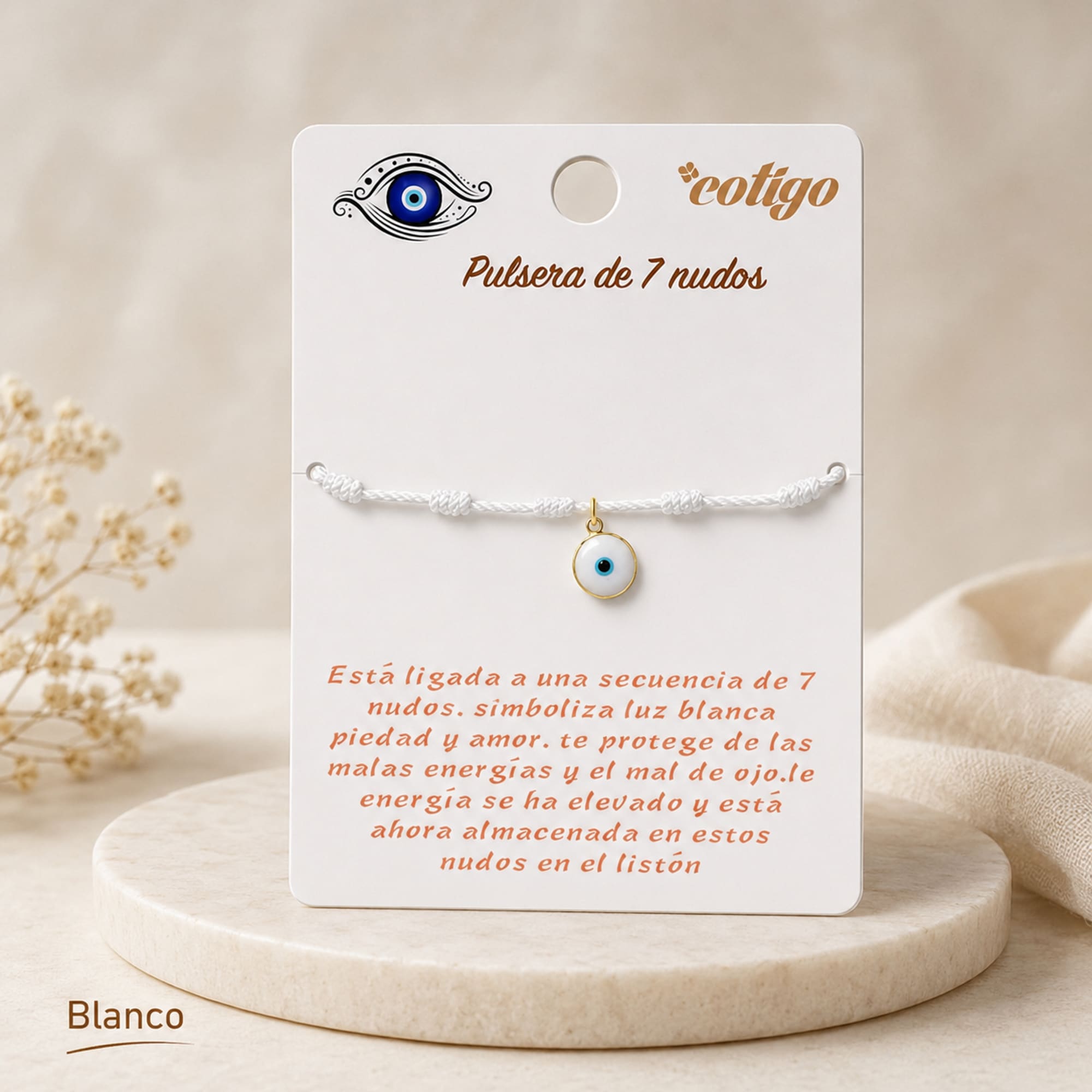 PULSERA 7 NUDOS BLANCO CON COLGANTE DE OJO TURCO