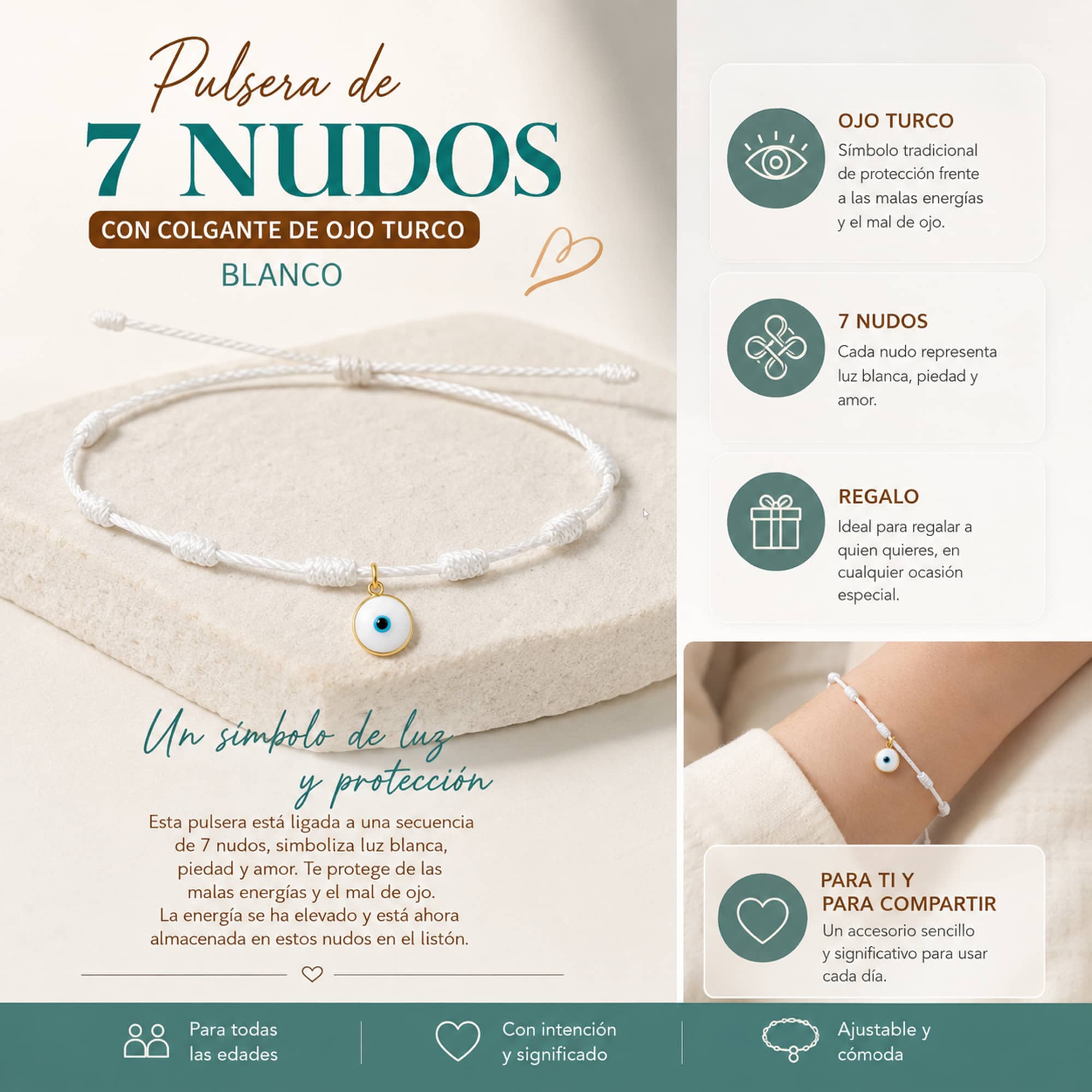 PULSERA 7 NUDOS BLANCO CON COLGANTE DE OJO TURCO