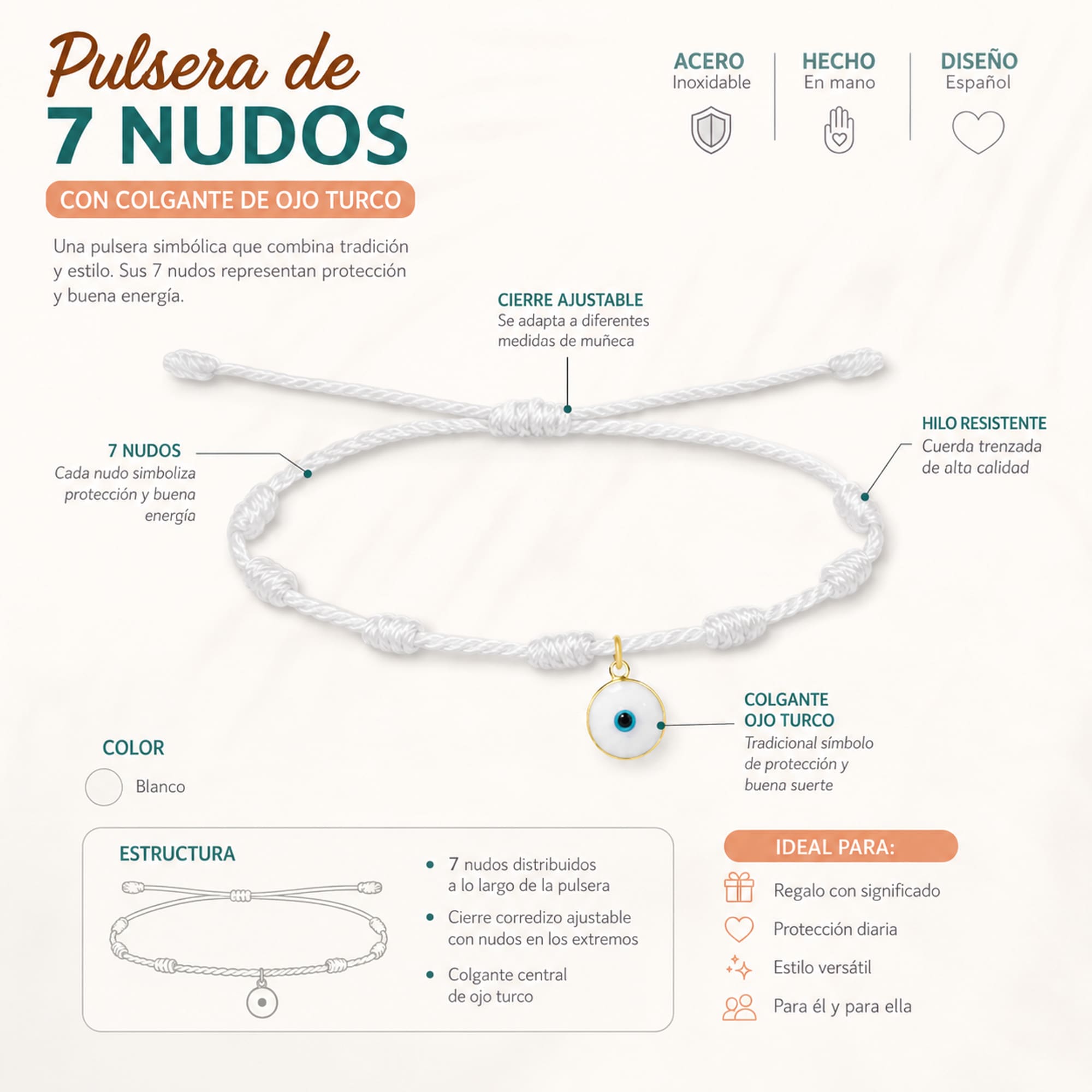 PULSERA 7 NUDOS BLANCO CON COLGANTE DE OJO TURCO