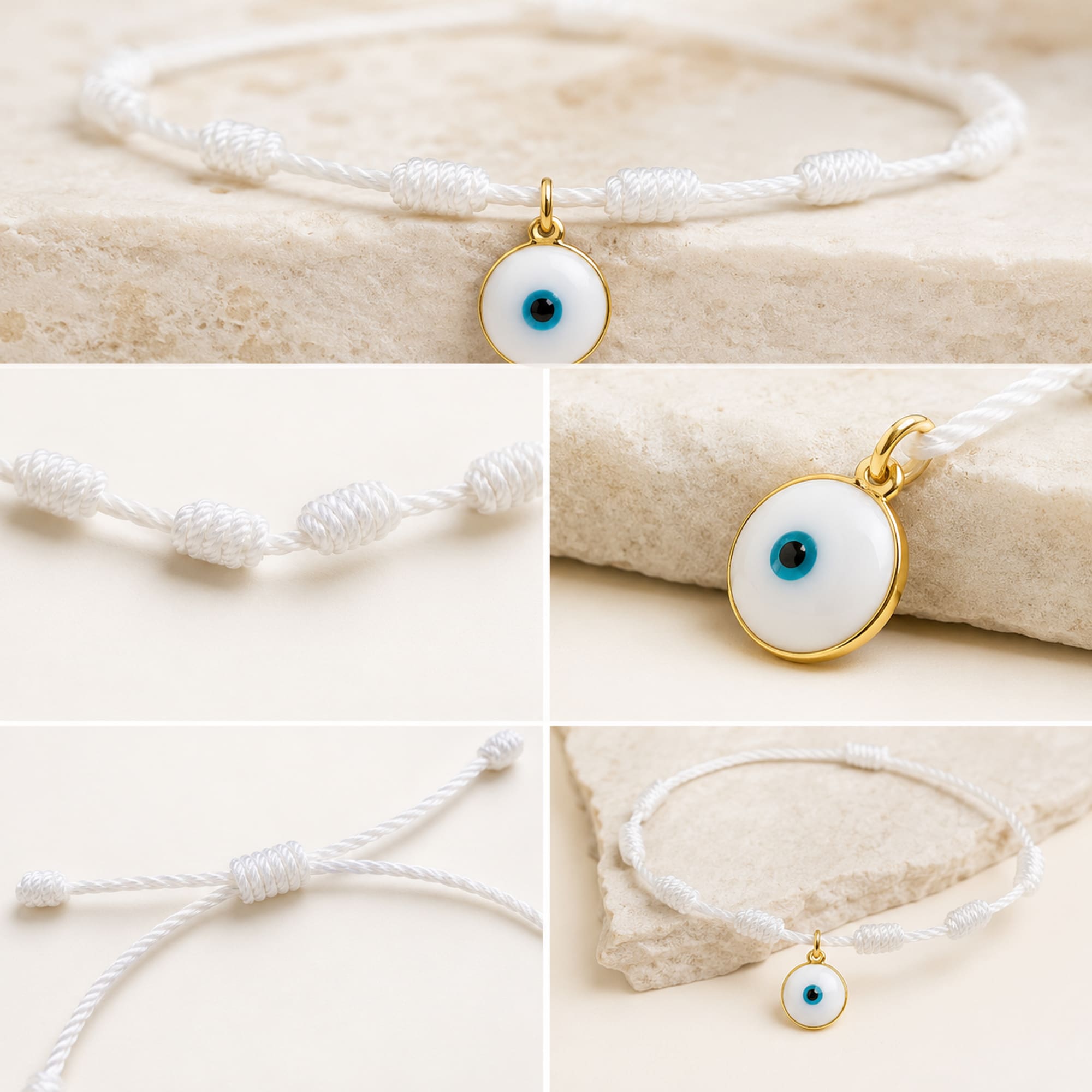 PULSERA 7 NUDOS BLANCO CON COLGANTE DE OJO TURCO