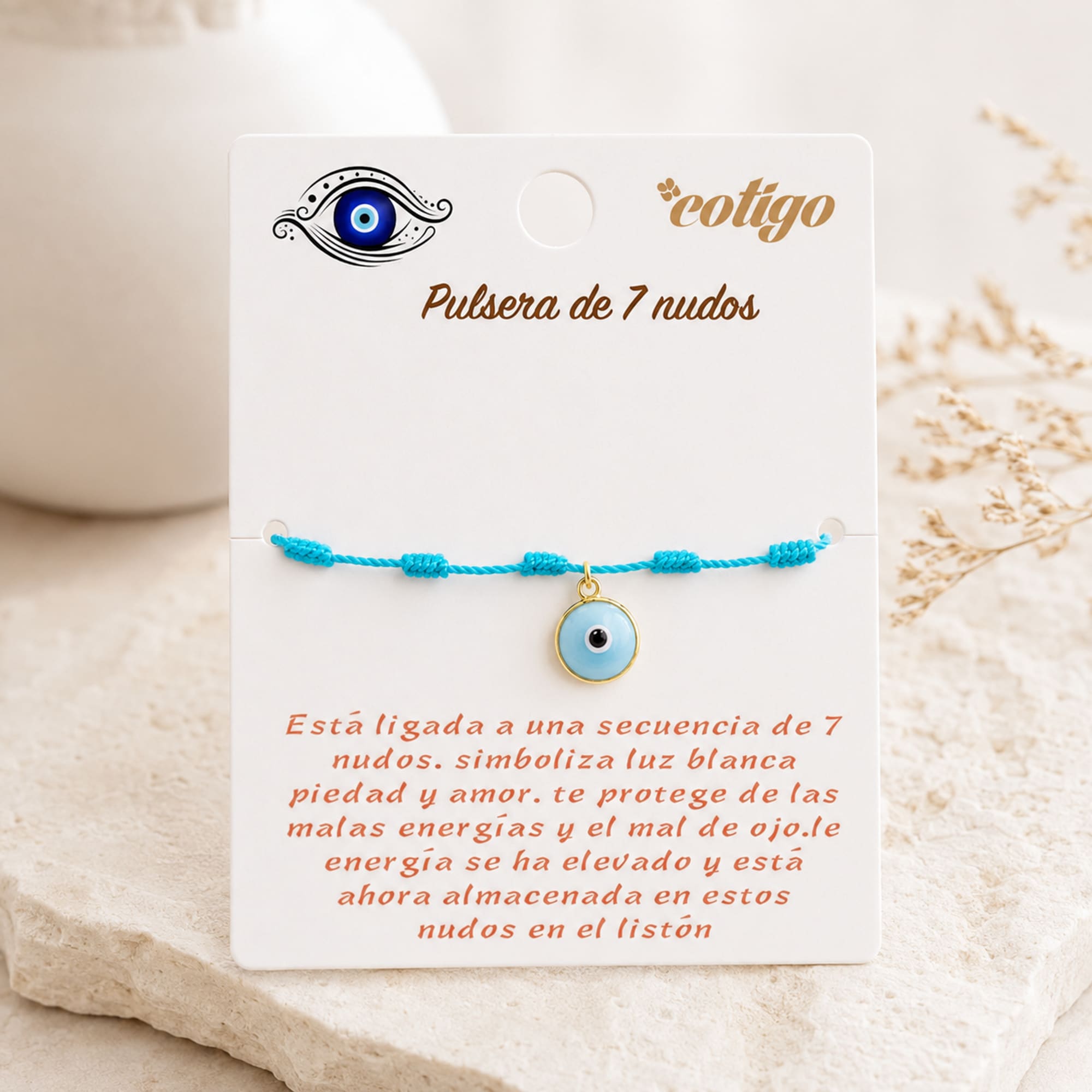 PULSERA 7 NUDOS AZUL CON COLGANTE DE OJO TURCO