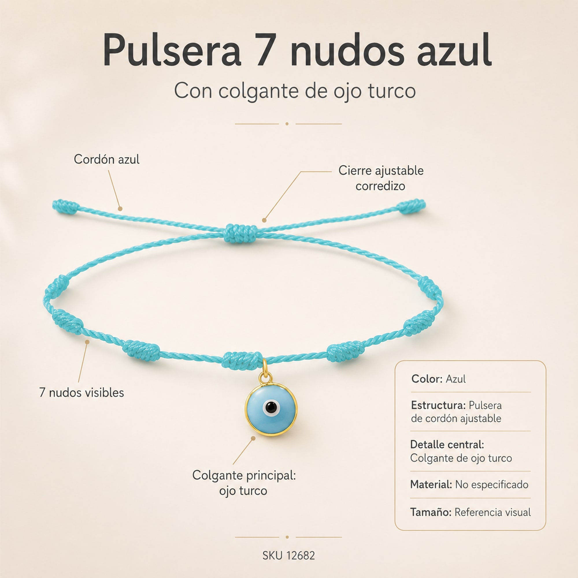 PULSERA 7 NUDOS AZUL CON COLGANTE DE OJO TURCO