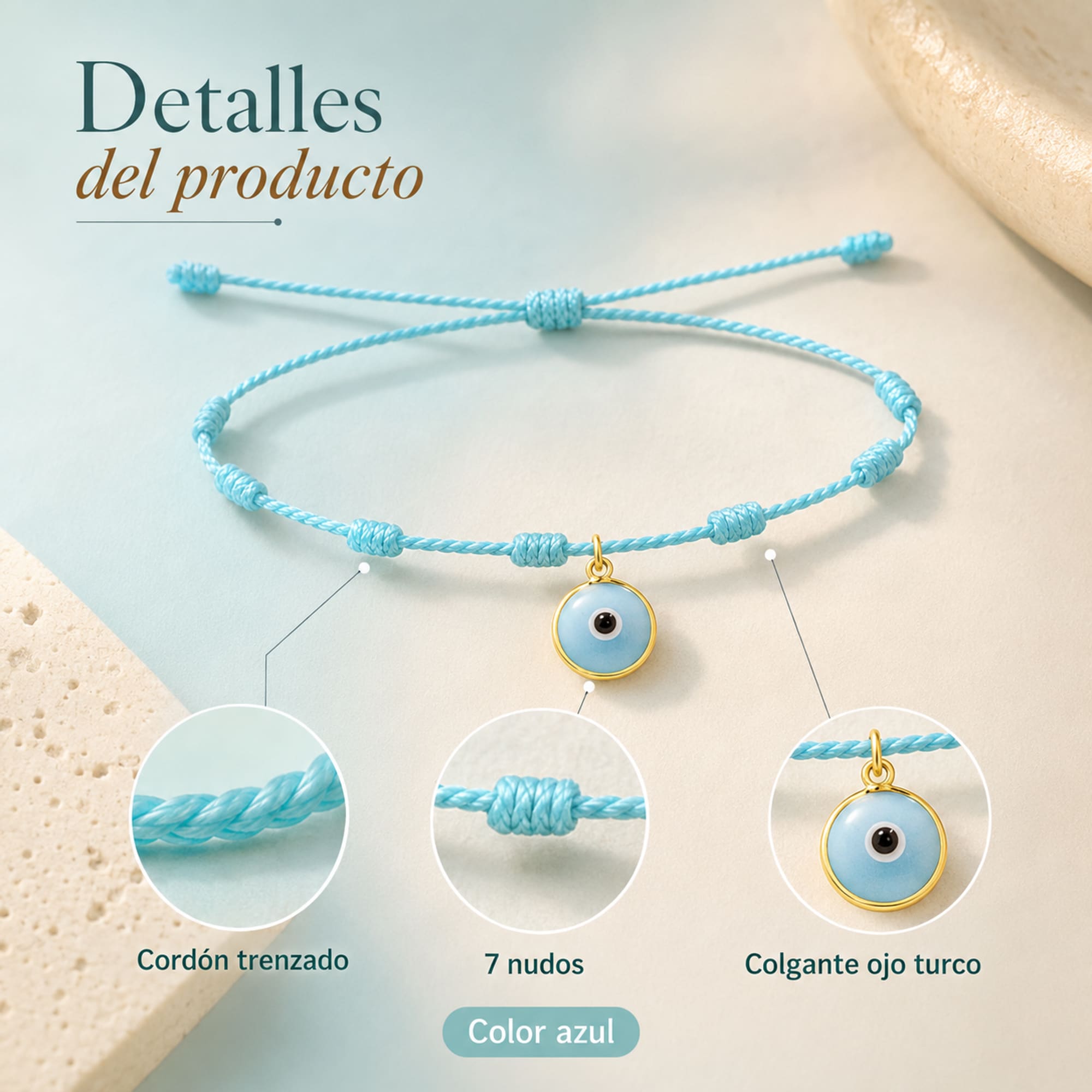 PULSERA 7 NUDOS AZUL CON COLGANTE DE OJO TURCO