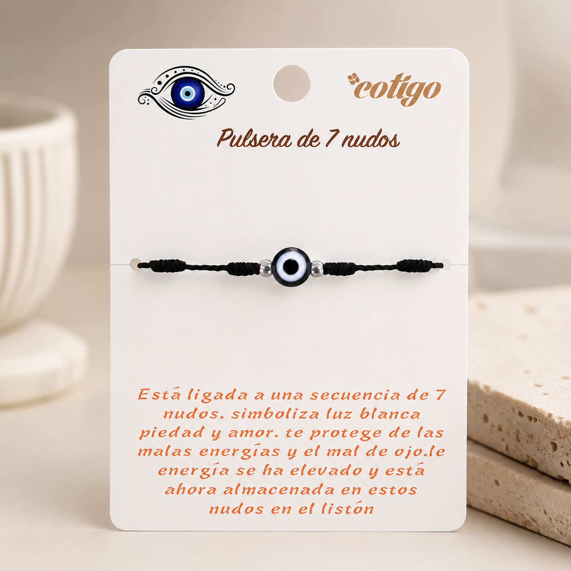 PULSERA 7 NUDOS COLOR NEGRO CON OJO TURCO