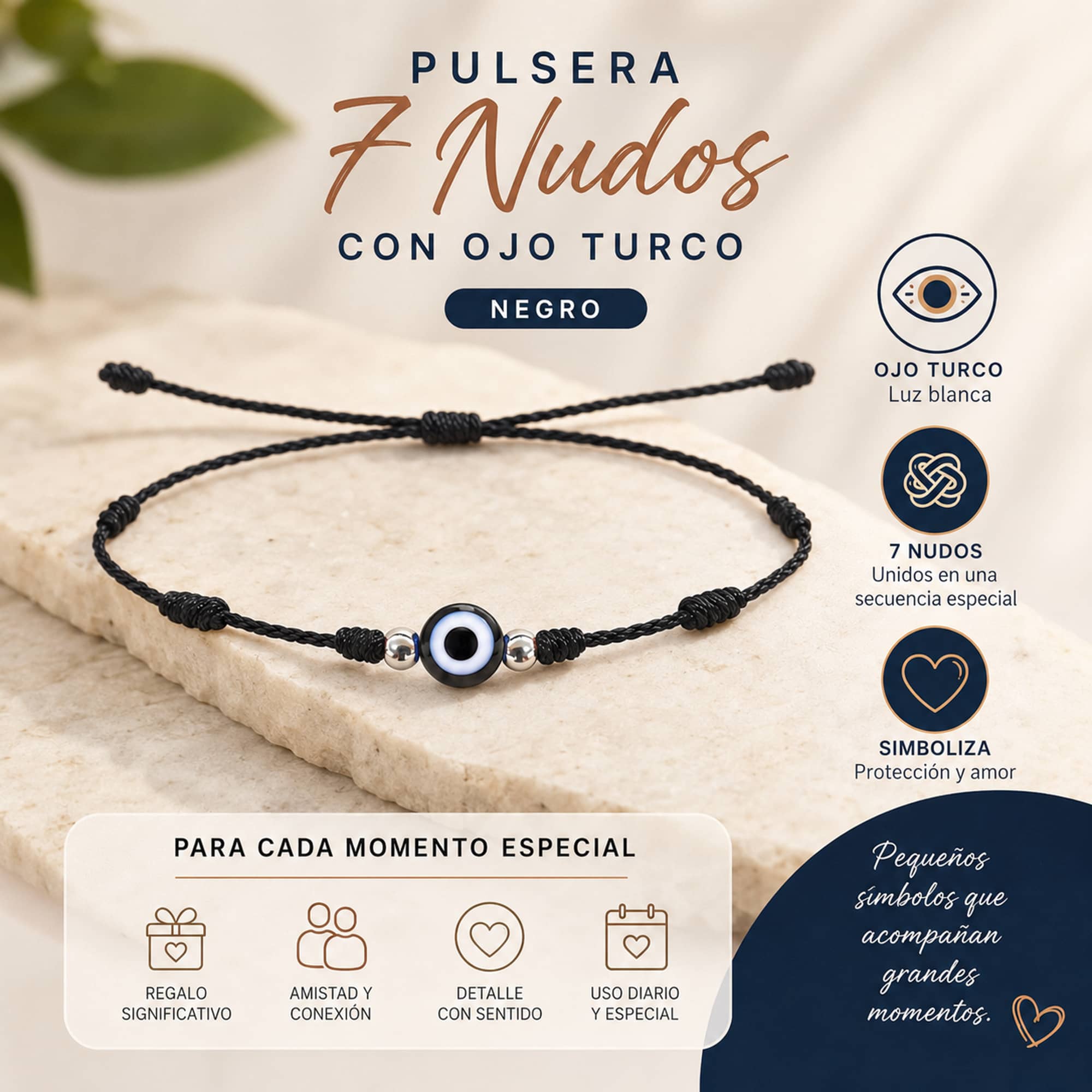 PULSERA 7 NUDOS COLOR NEGRO CON OJO TURCO