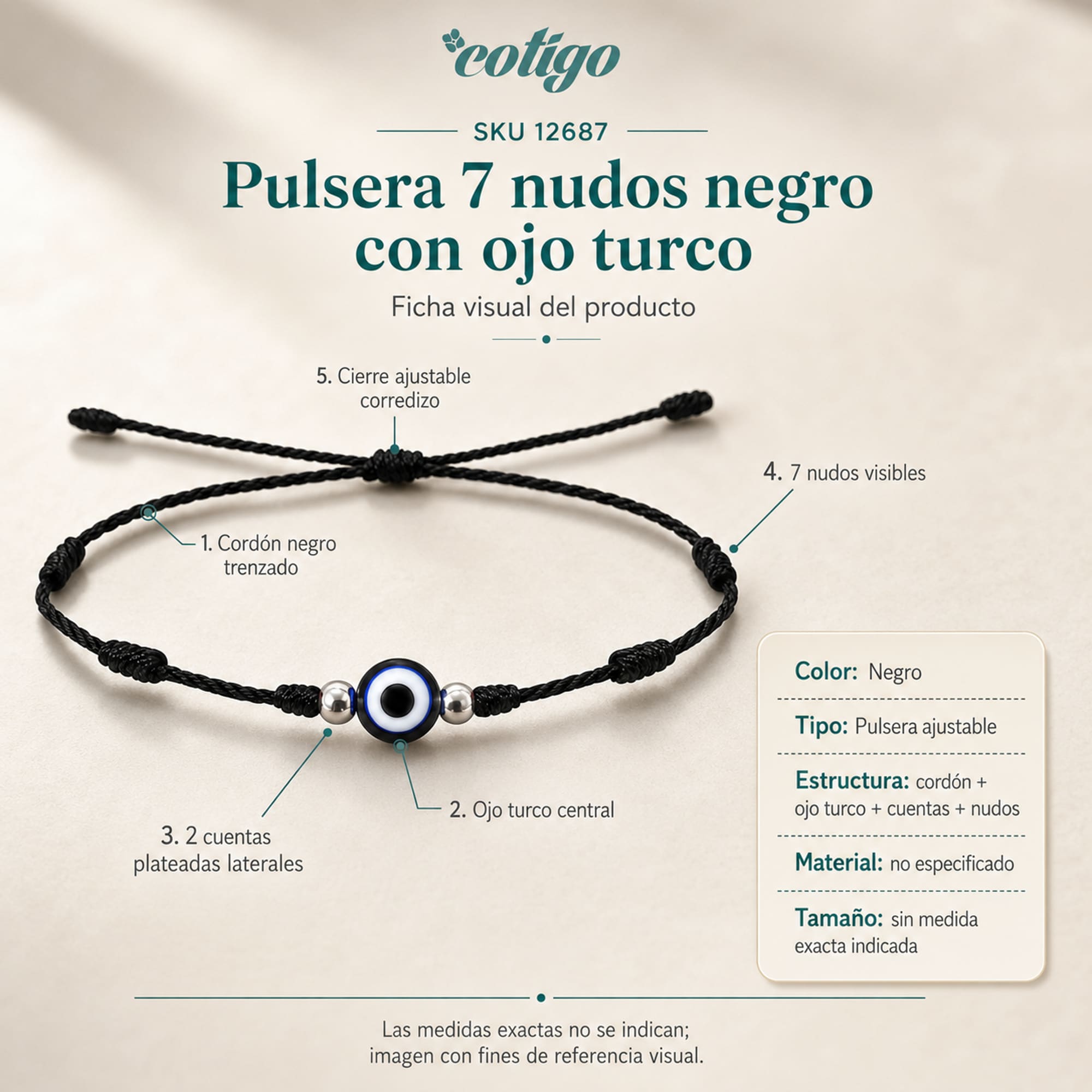 PULSERA 7 NUDOS COLOR NEGRO CON OJO TURCO