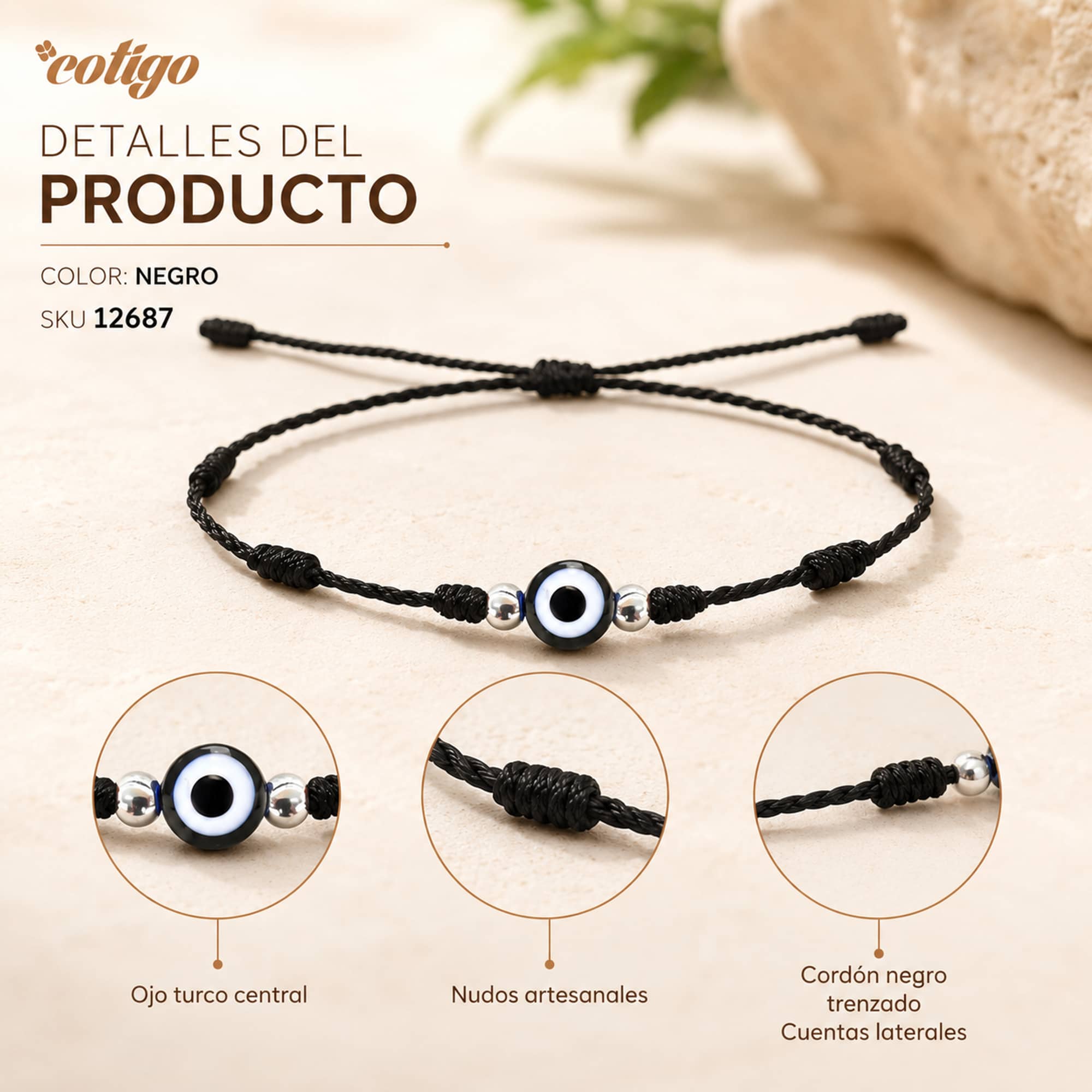 PULSERA 7 NUDOS COLOR NEGRO CON OJO TURCO