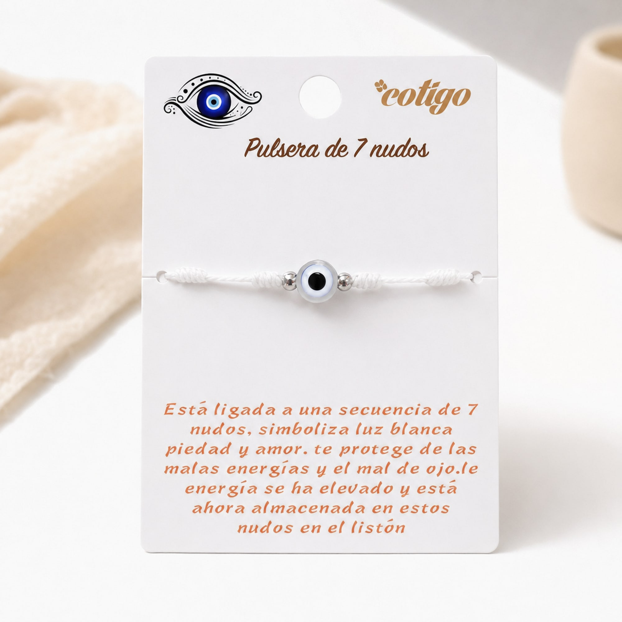 PULSERA 7 NUDOS BLANCO CON OJO TURCO