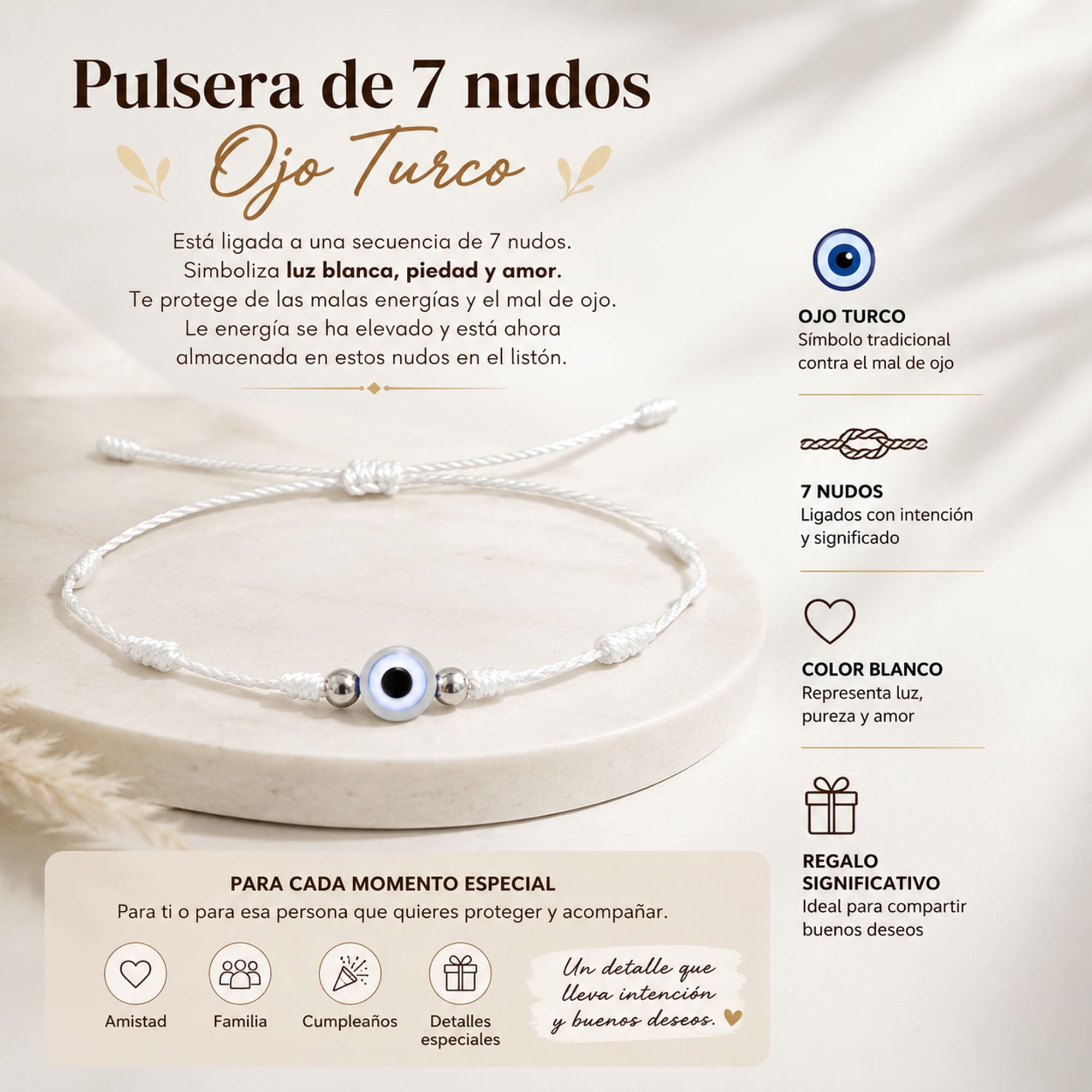 PULSERA 7 NUDOS BLANCO CON OJO TURCO