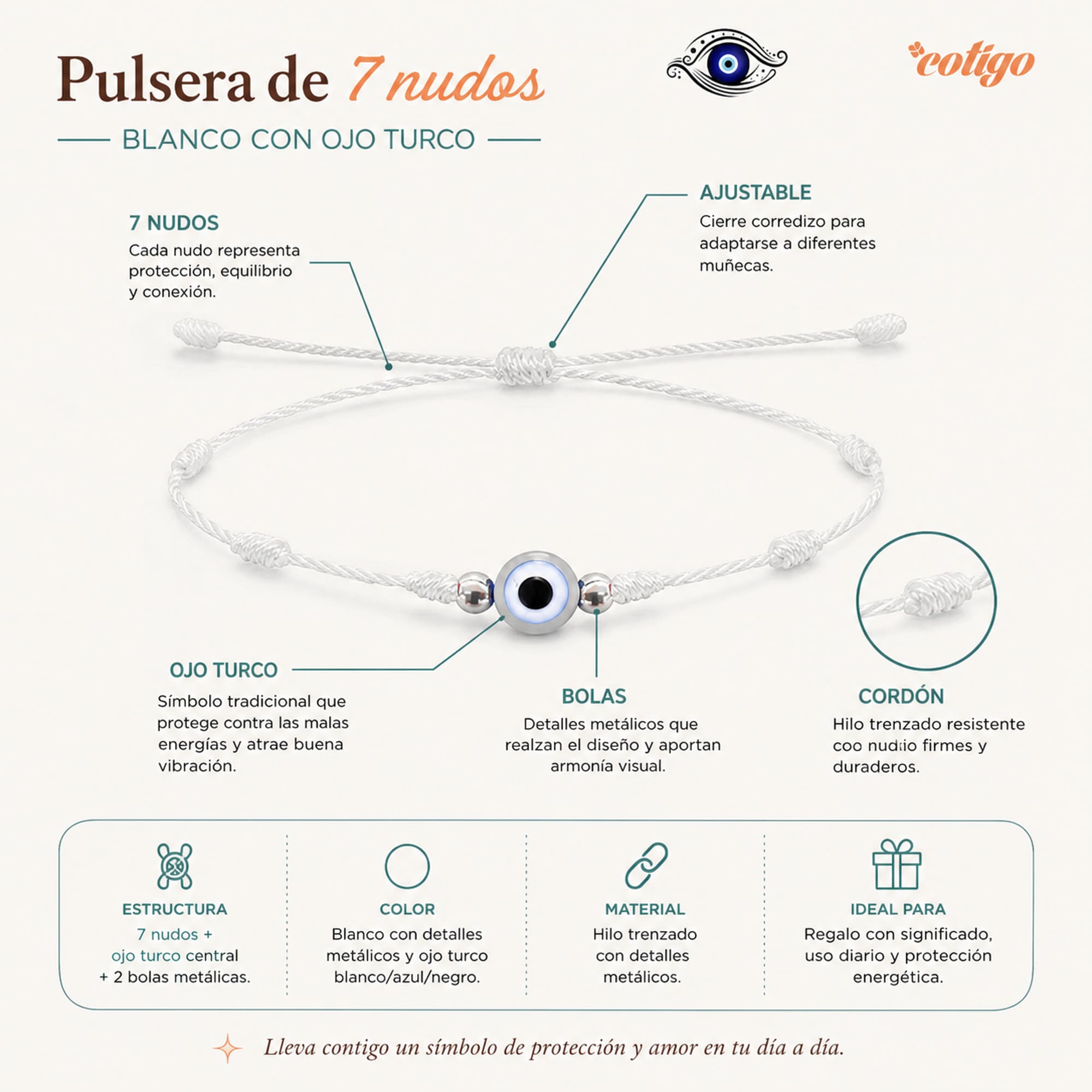 PULSERA 7 NUDOS BLANCO CON OJO TURCO