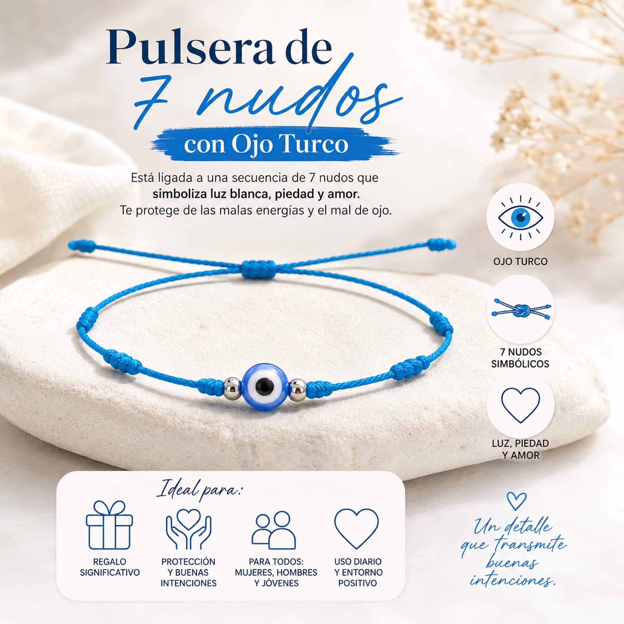 PULSERA 7 NUDOS AZUL CON OJO TURCO