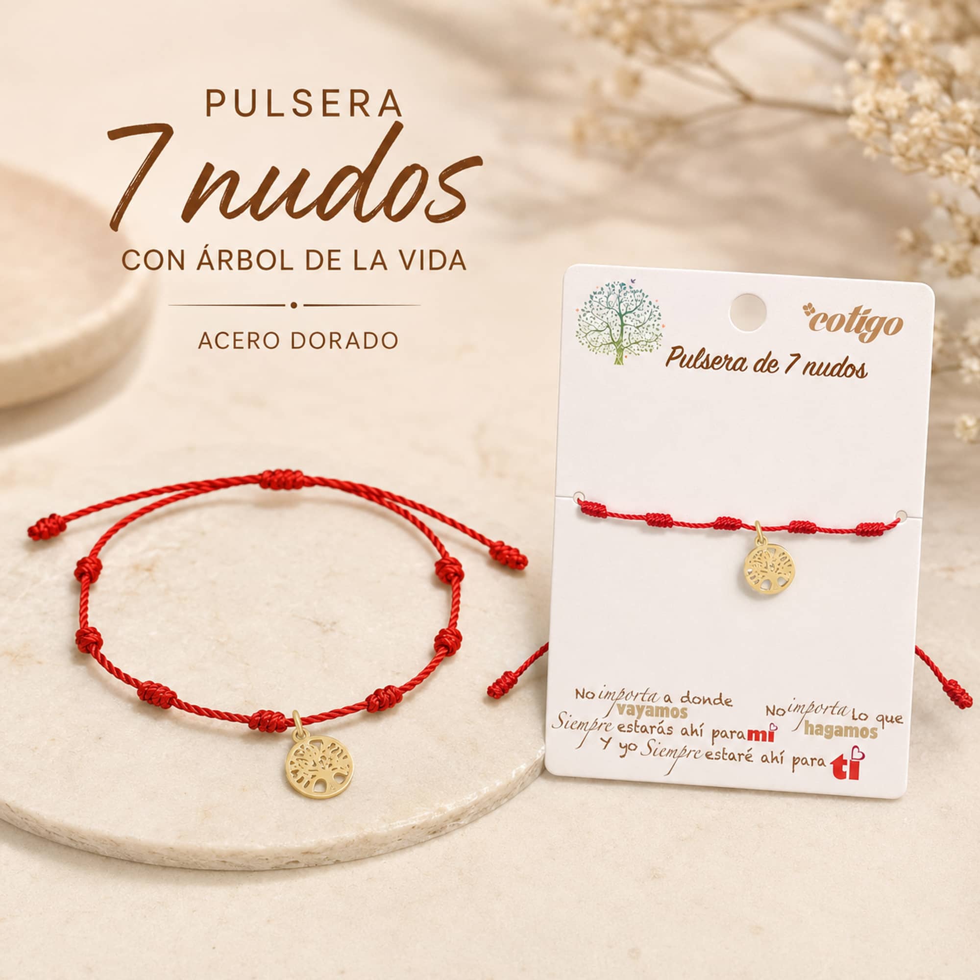 PULSERA 7 NUDOS CON ARBOL DE LA VIDA ACERO DORADO