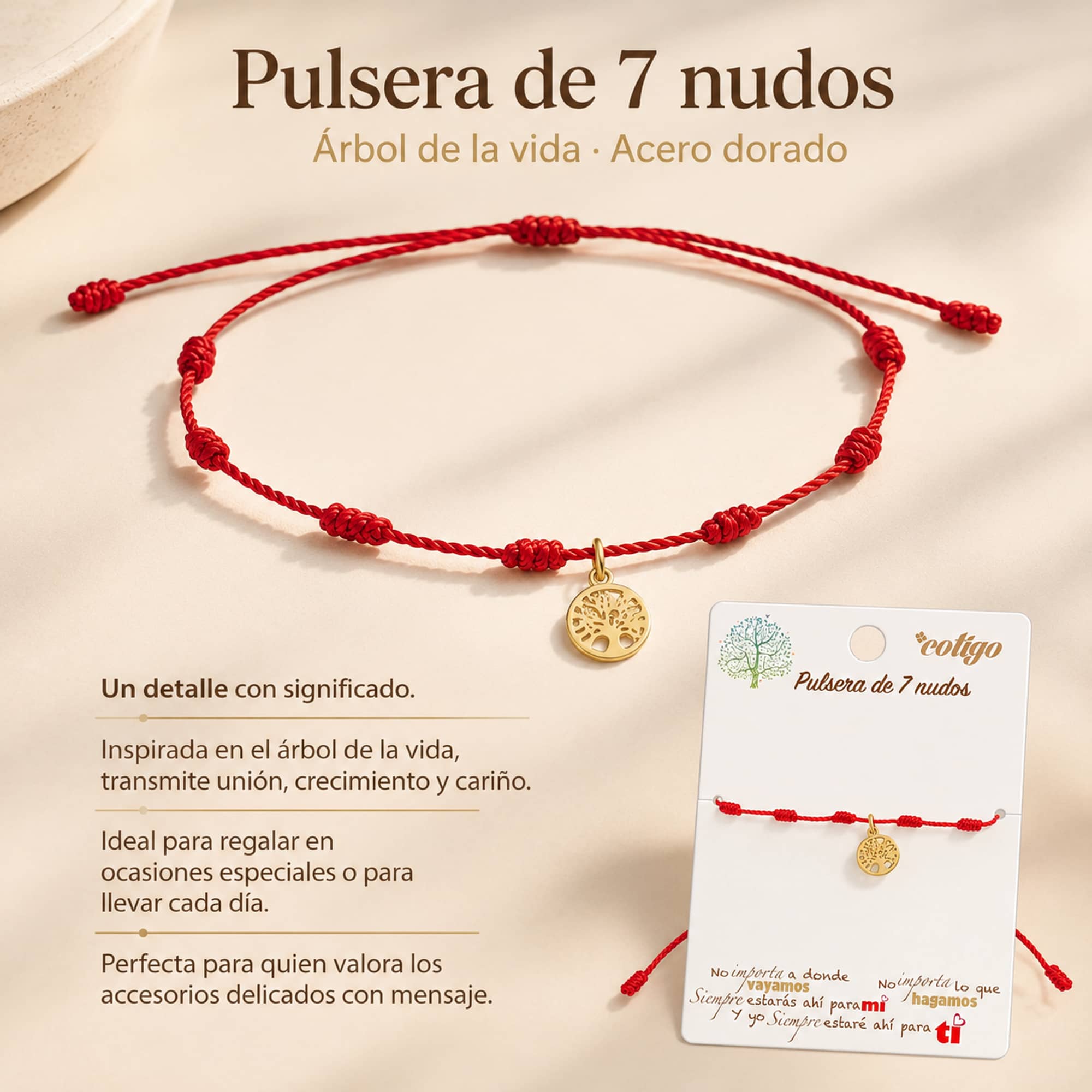 PULSERA 7 NUDOS CON ARBOL DE LA VIDA ACERO DORADO