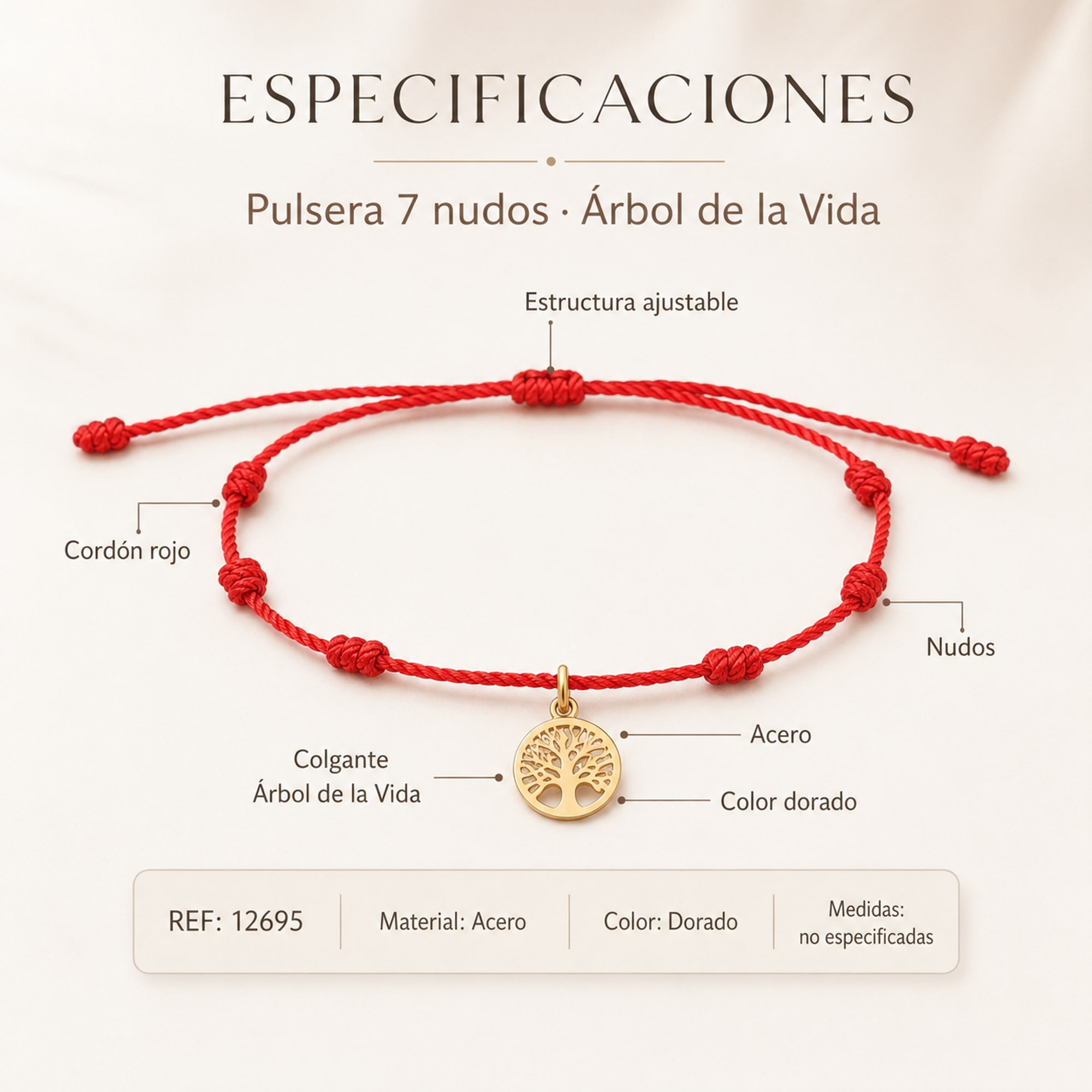 PULSERA 7 NUDOS CON ARBOL DE LA VIDA ACERO DORADO